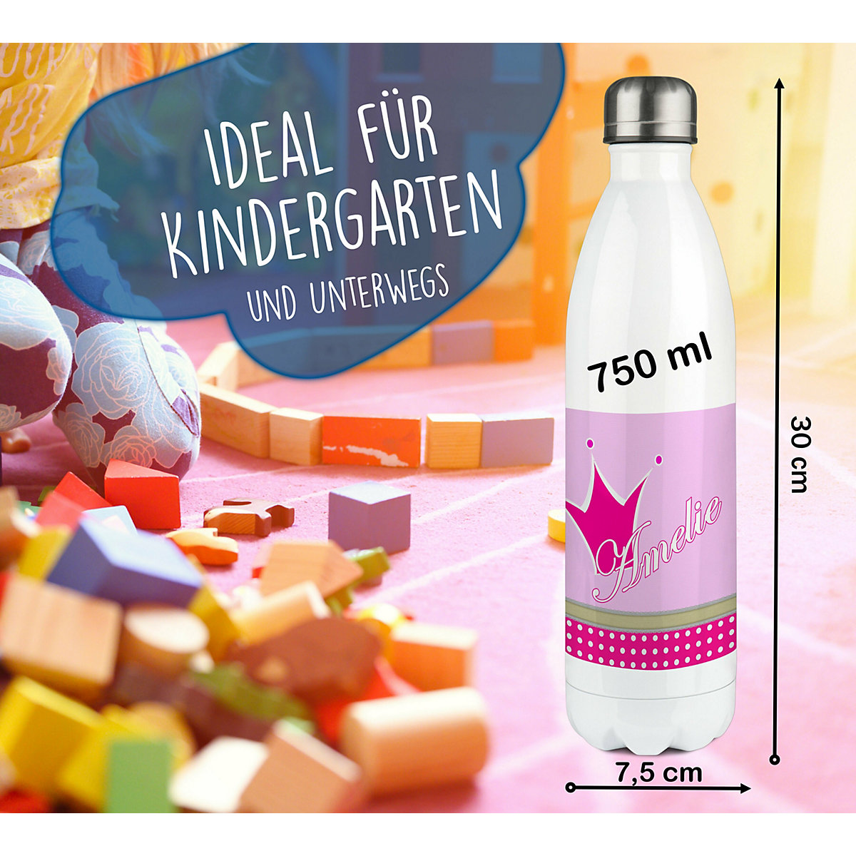 Edelstahl Kinder Thermoflasche / Trinkflasche bunt Krone Farbe pink Spülmaschinenfest, Auslaufsicher, Bruchfest, Doppelwandig, Für Heißgetränke geeignet, Mit Deckel, Isoliert
