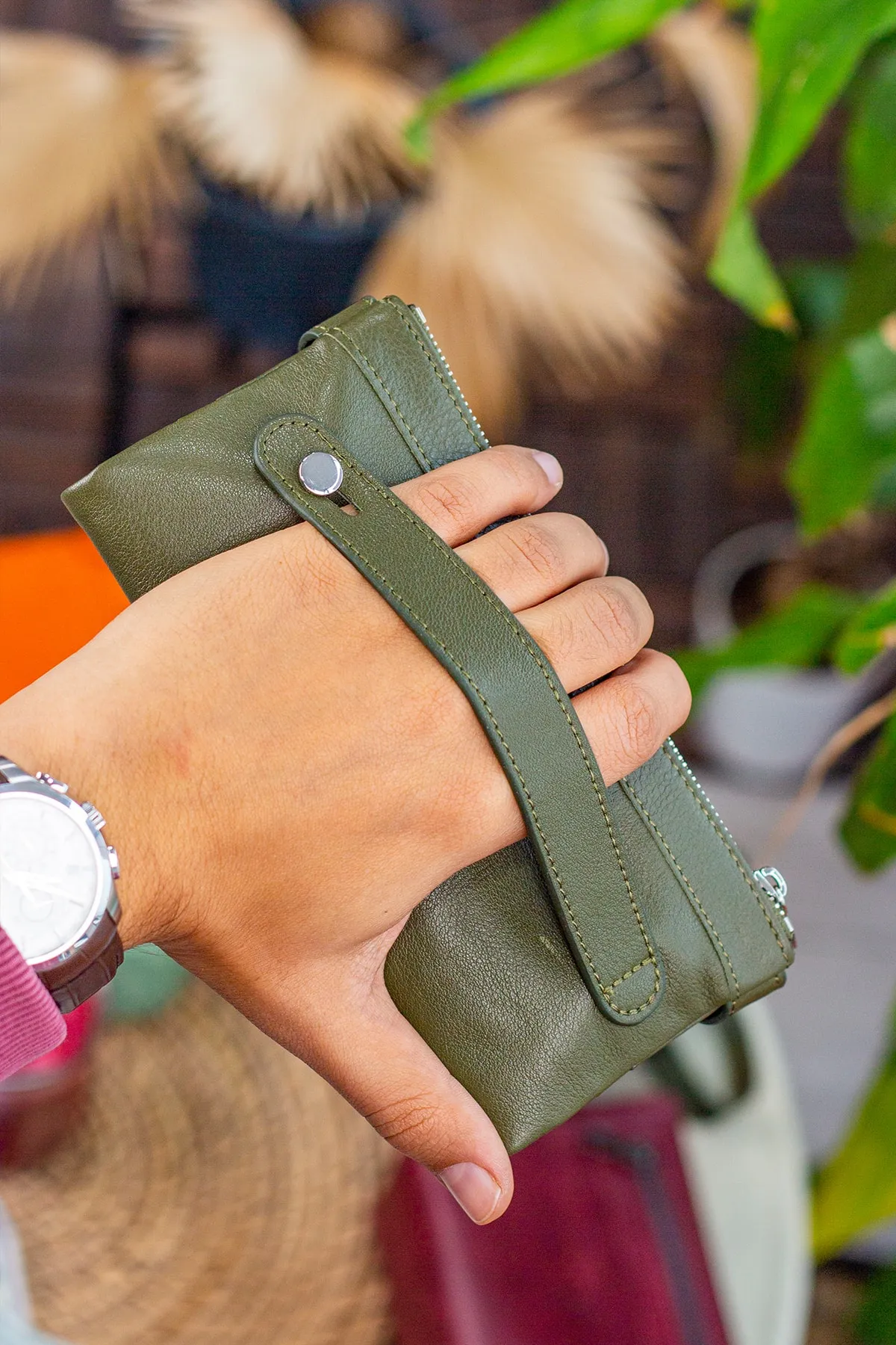 Garbalia  Roosevelt Unisex-Portfolio-Geldbörse aus echtem Leder in Grün mit Handyfach und Griff
