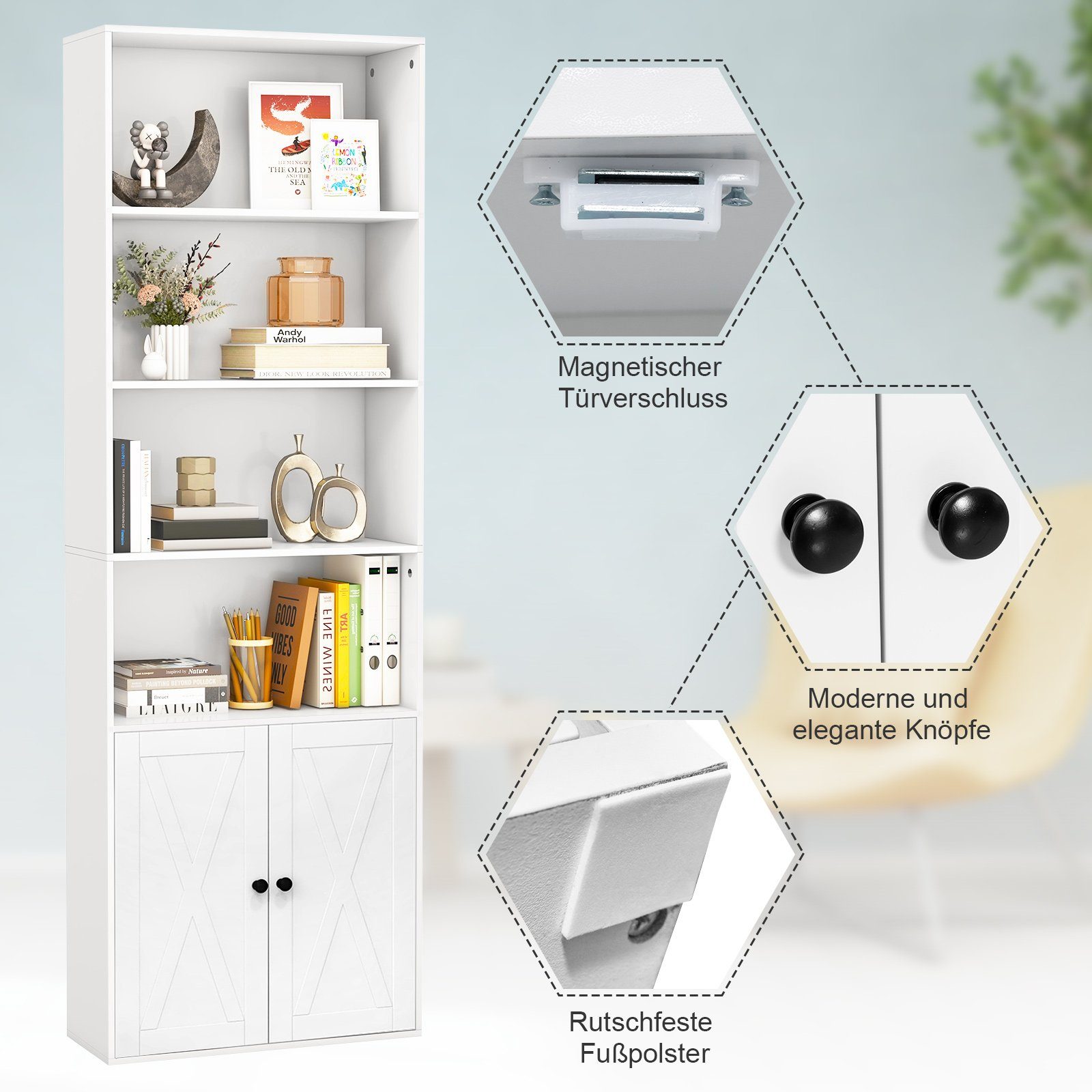 COSTWAY Bücherregal, 180cm Bücherschrank mit Türen & 4 offenen Fächern