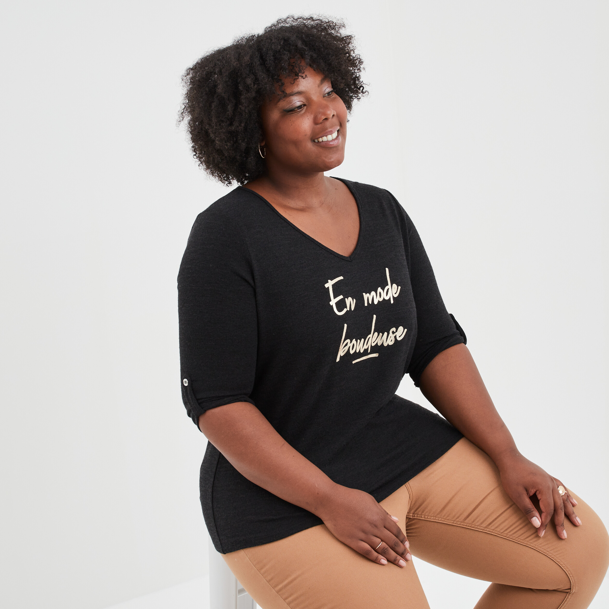 Pull col en V manches 3 4 noir femme grande taille | La Halle