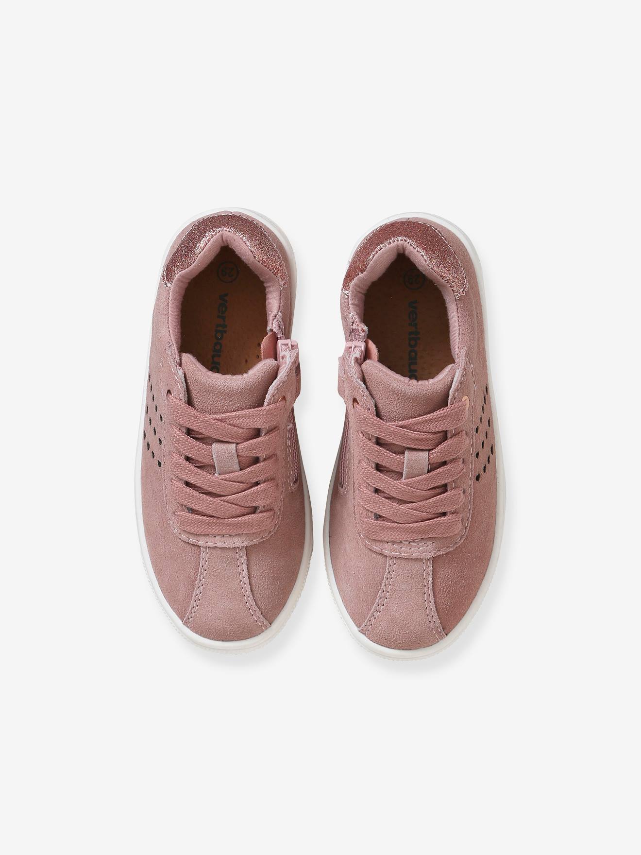 Baskets cuir fille lacées et zippées détails paillettes rose