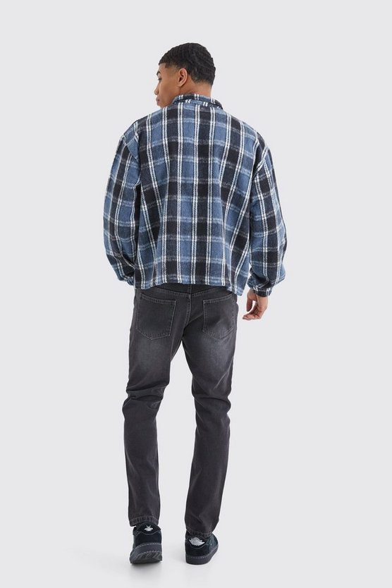 Kastiges kariertes Fleece-Overshirt mit Reißverschluss