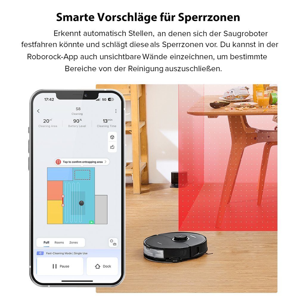 Roborock Saugroboter S8 mit 2pcs Mop, 69,00 W, 6000Pa, DuoRoller-Bürste, VibraRise Wischen, 3D-Mapping, Reactive 3D-Hindernisumgehung, Upgrade von Roborock S7, S7 MaxV Ultra
