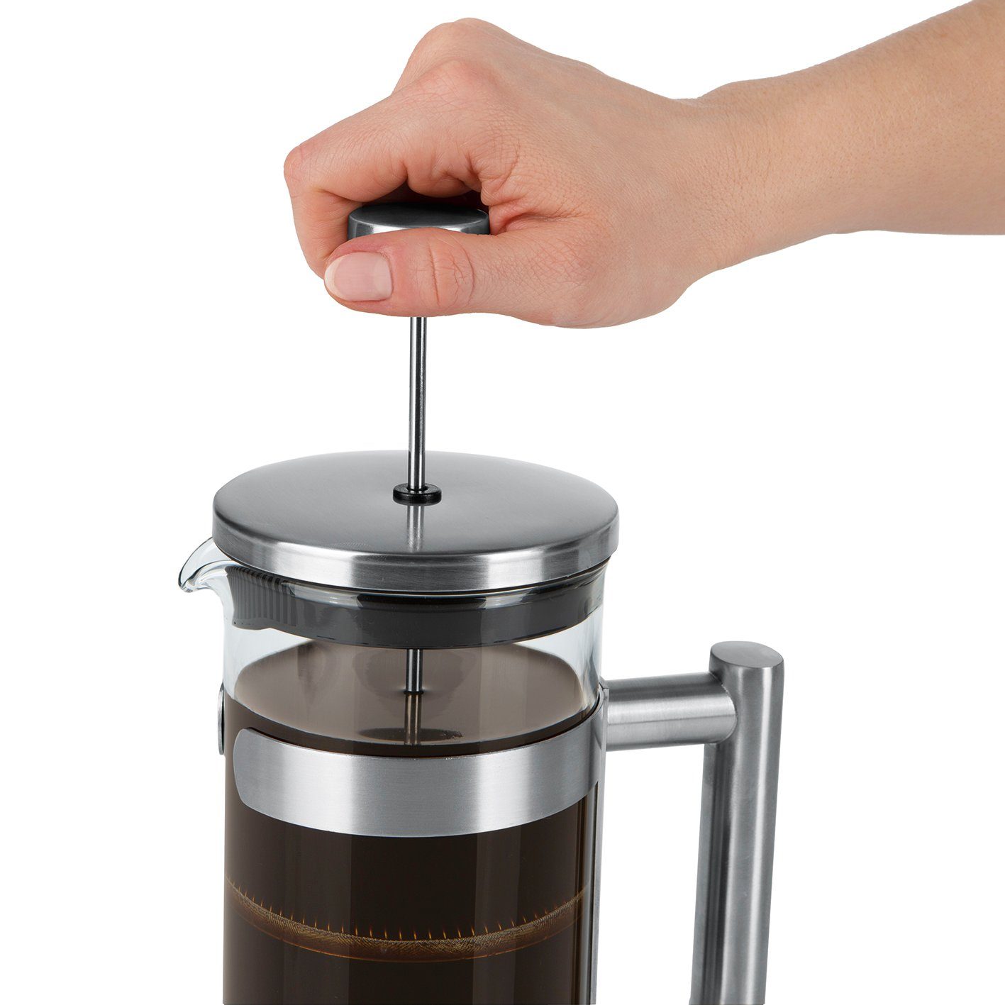 BEEM Kaffeebereiter French Press Kaffeepresse, 1l Kaffeekanne, Camping, Outdoor, Glas & Edelstahl, hitzebeständige Borosilitglas