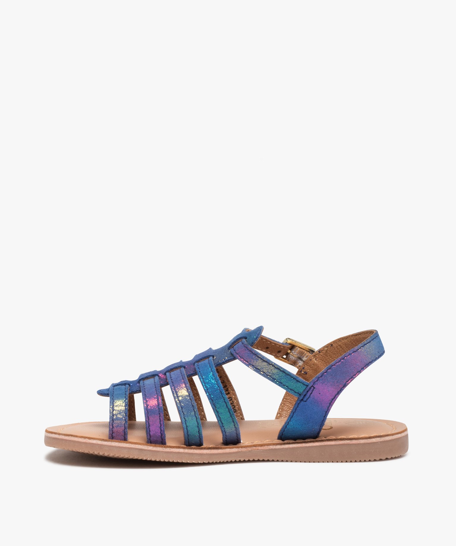 Sandales filles à brides multiples en cuir irisé bleu | GEMO