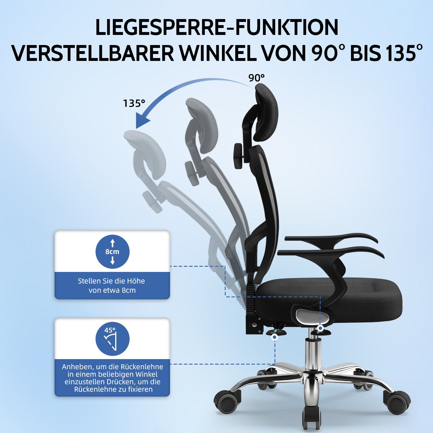 Authmic Bürostuhl Bürostuhl, Drehstuhl, Schreibtischstuhl, Chefsessel, (Bürostuhl ergonomisch mit verstellbarer Armlehnen, Lendenwirbelstutze, Atmungsaktiver Netzstuhl), Wippfunktion von 90° bis 135°, Bürostuhl 150kg