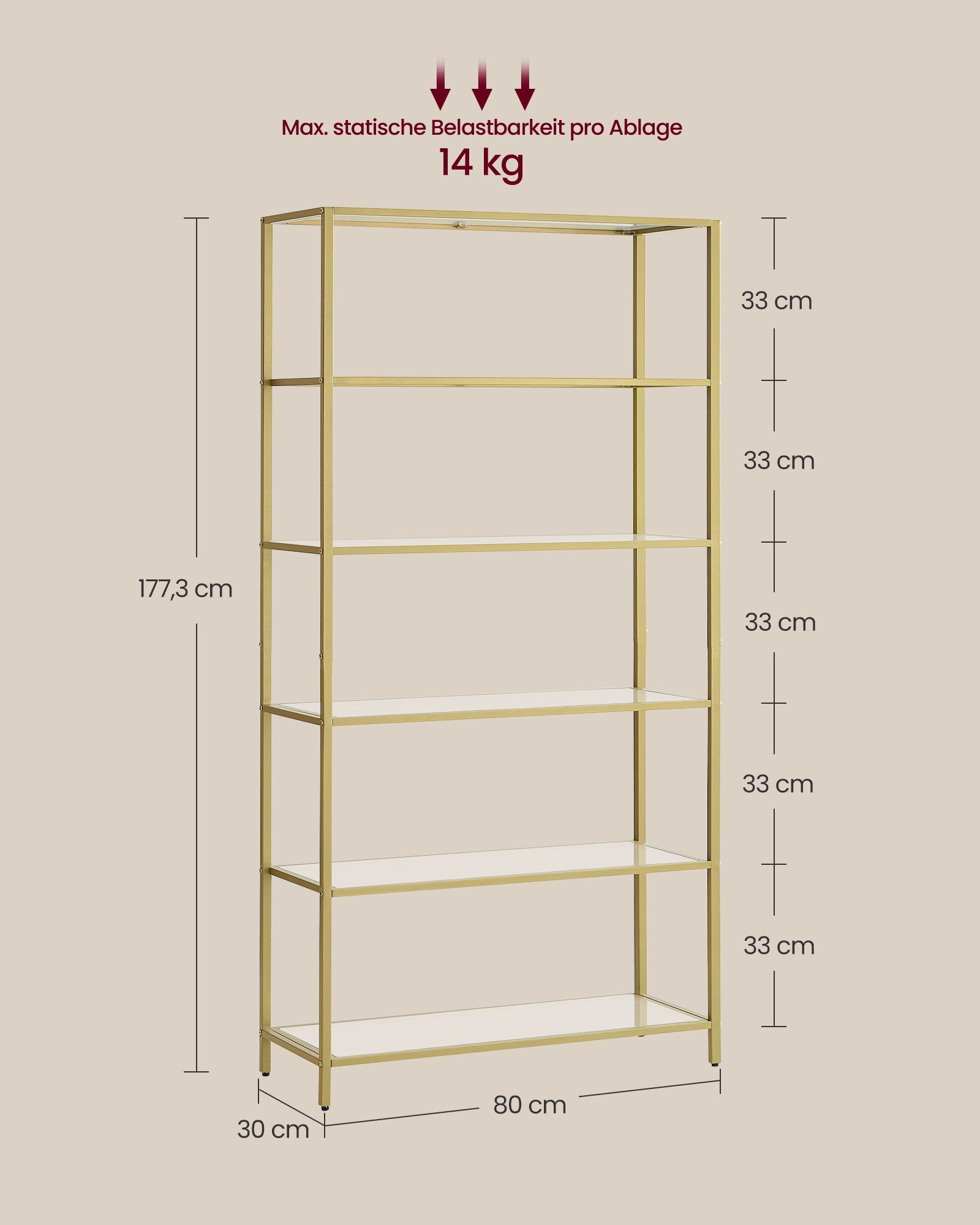 VASAGLE Standregal Regal mit 6 Ablagen, Badregal, gehärtetes Glas
