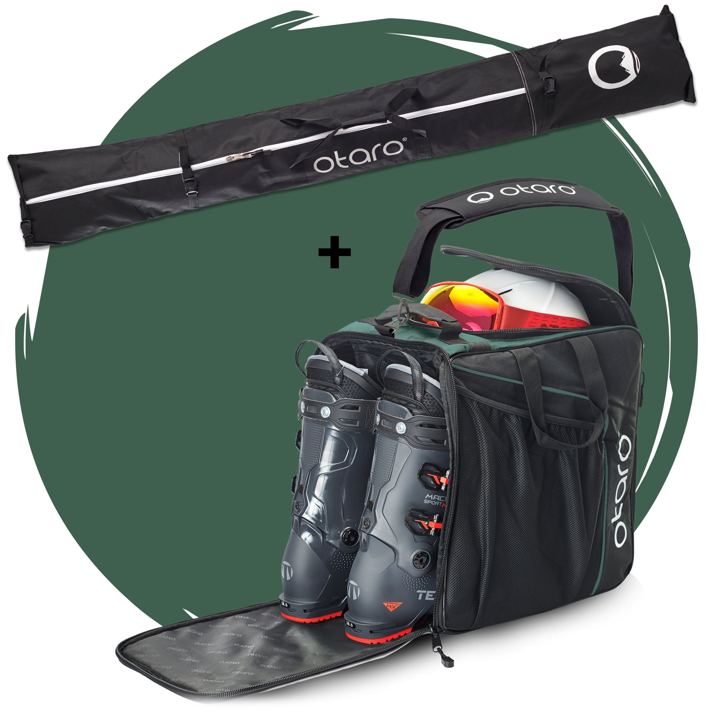 Otaro Skitasche Set: Skischuhtasche mit Helmfach & Skitasche, Classic-Set 1 Paar Ski (Schutz für deine Ausrüstung, Perfekt durchdacht, ausklappbare Standfläche, für 1 Paar Ski + Stöcke)