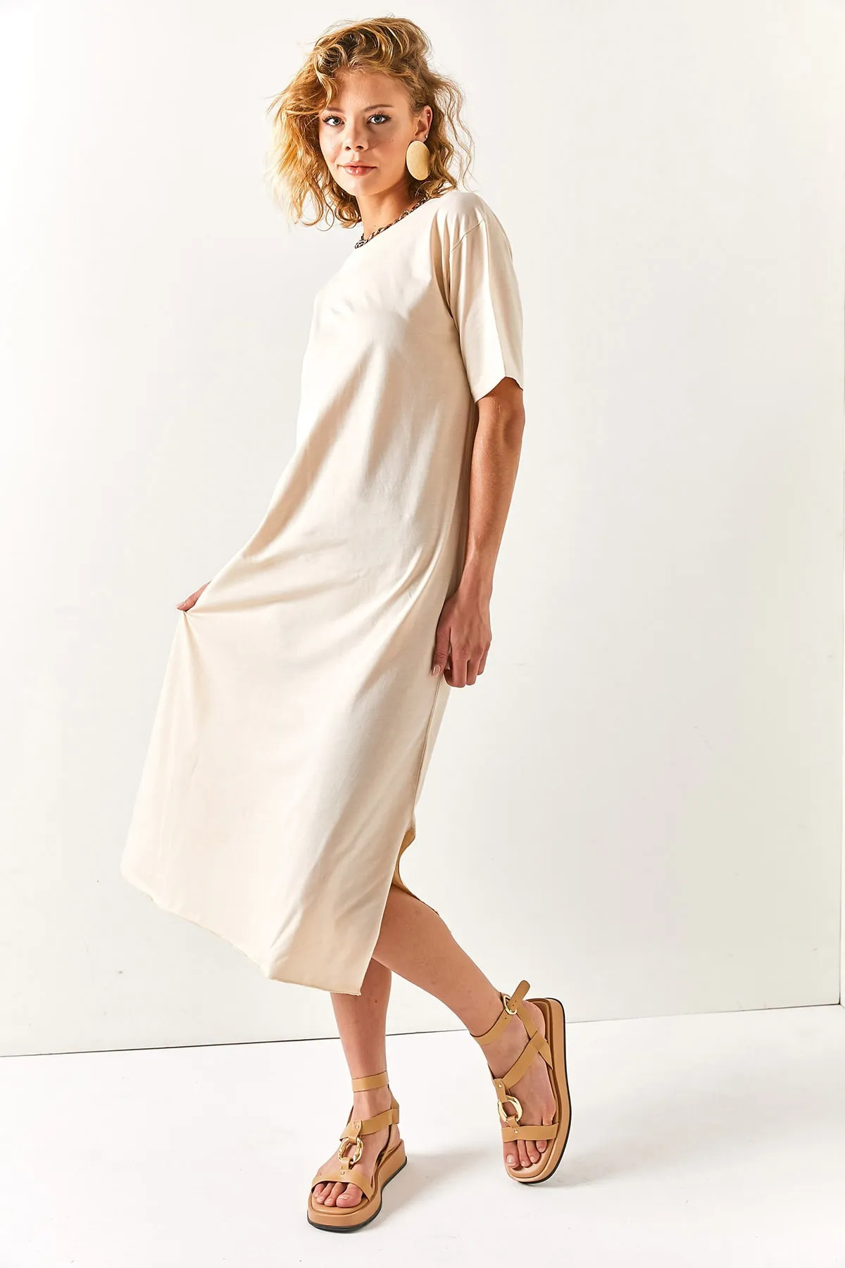 Olalook  Damen-Stone-Side-Slit-Oversize-Baumwollkleid ELB-19001880