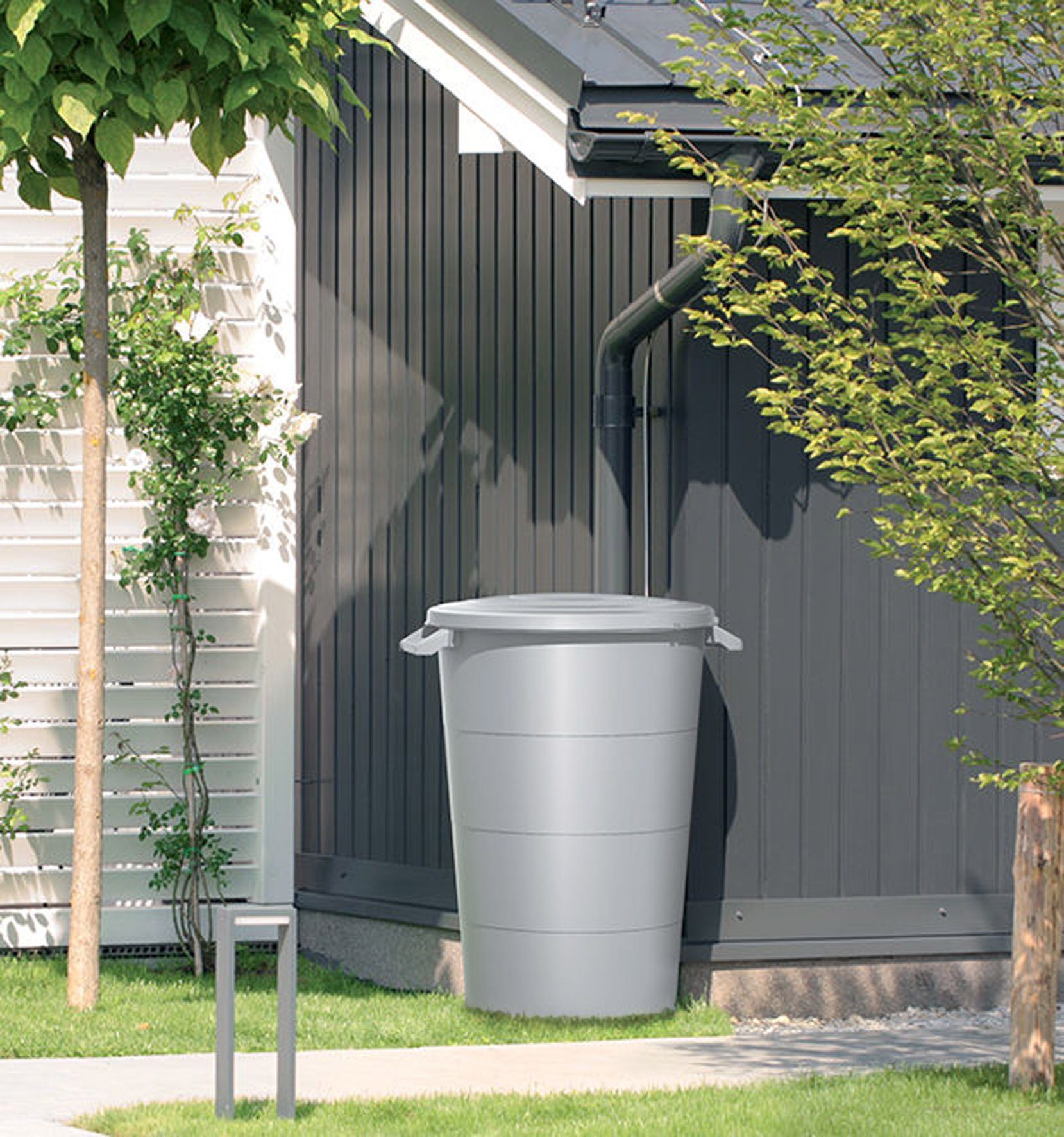Spetebo Regentonne Regentonne 80 Liter mit Deckel - grau, 80.00 l, (Packung, 1-tlg., mit Tragegriffen), Universal Kunststoff Garten Tonne