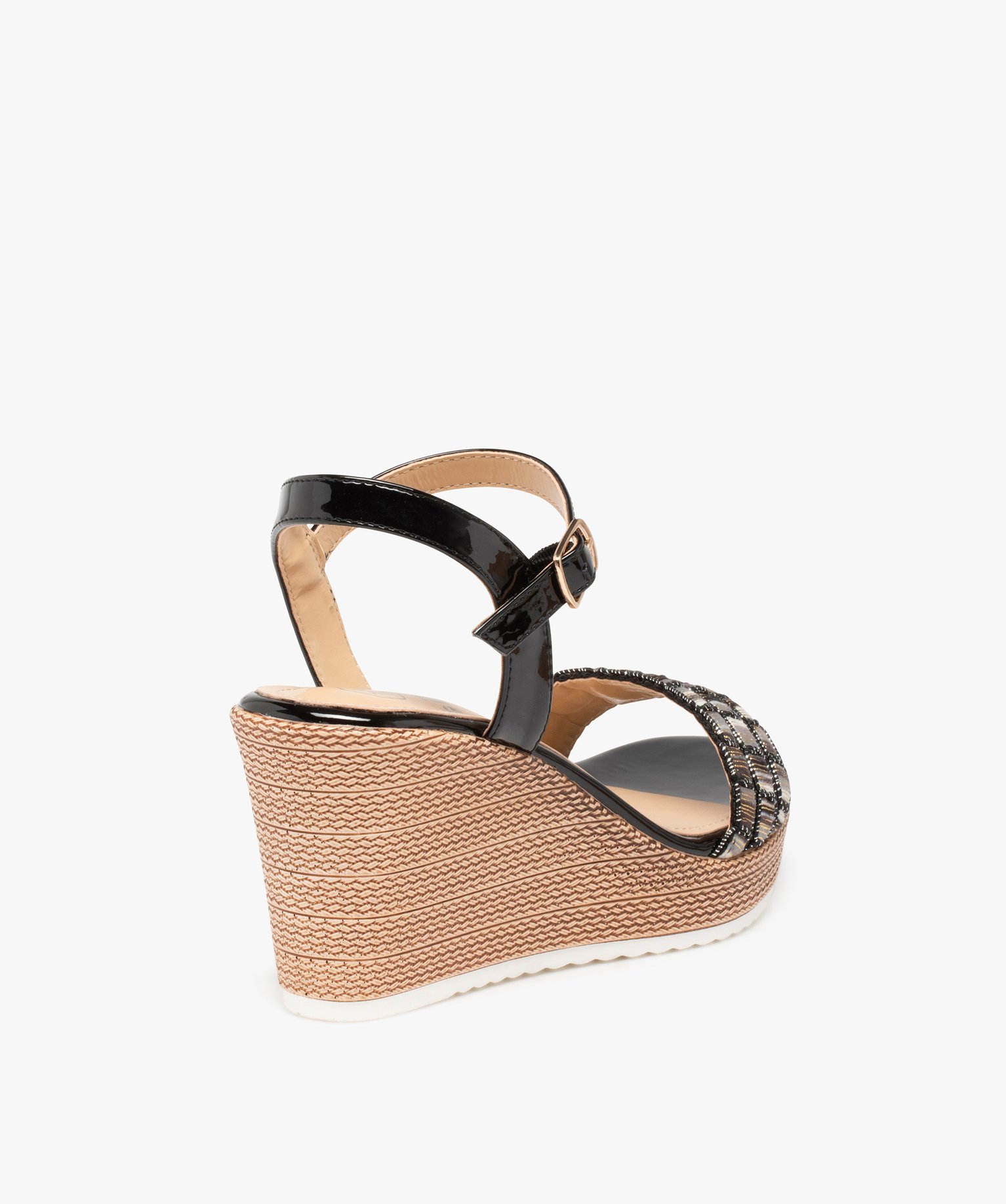 Sandales femme compensées à brides vernies et brodées noir | GEMO