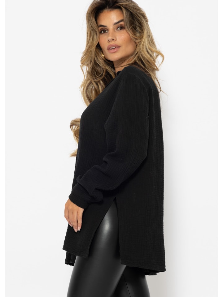 SASSYCLASSY Oversize Musselin Bluse in Schwarz günstig kaufen