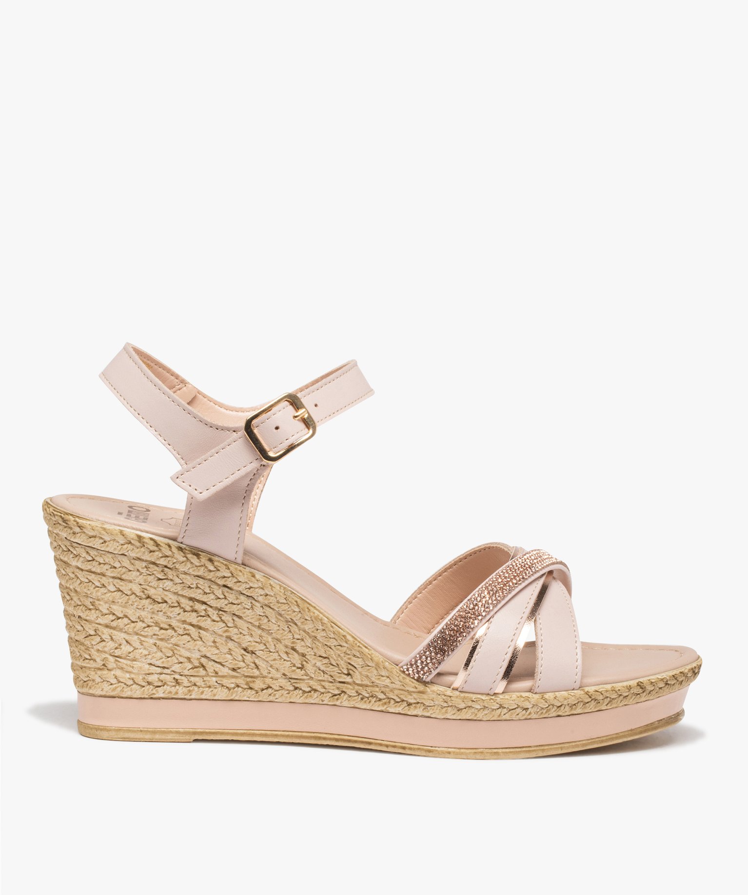 Sandales femme compensées à brides en cuir et strass rose | GEMO