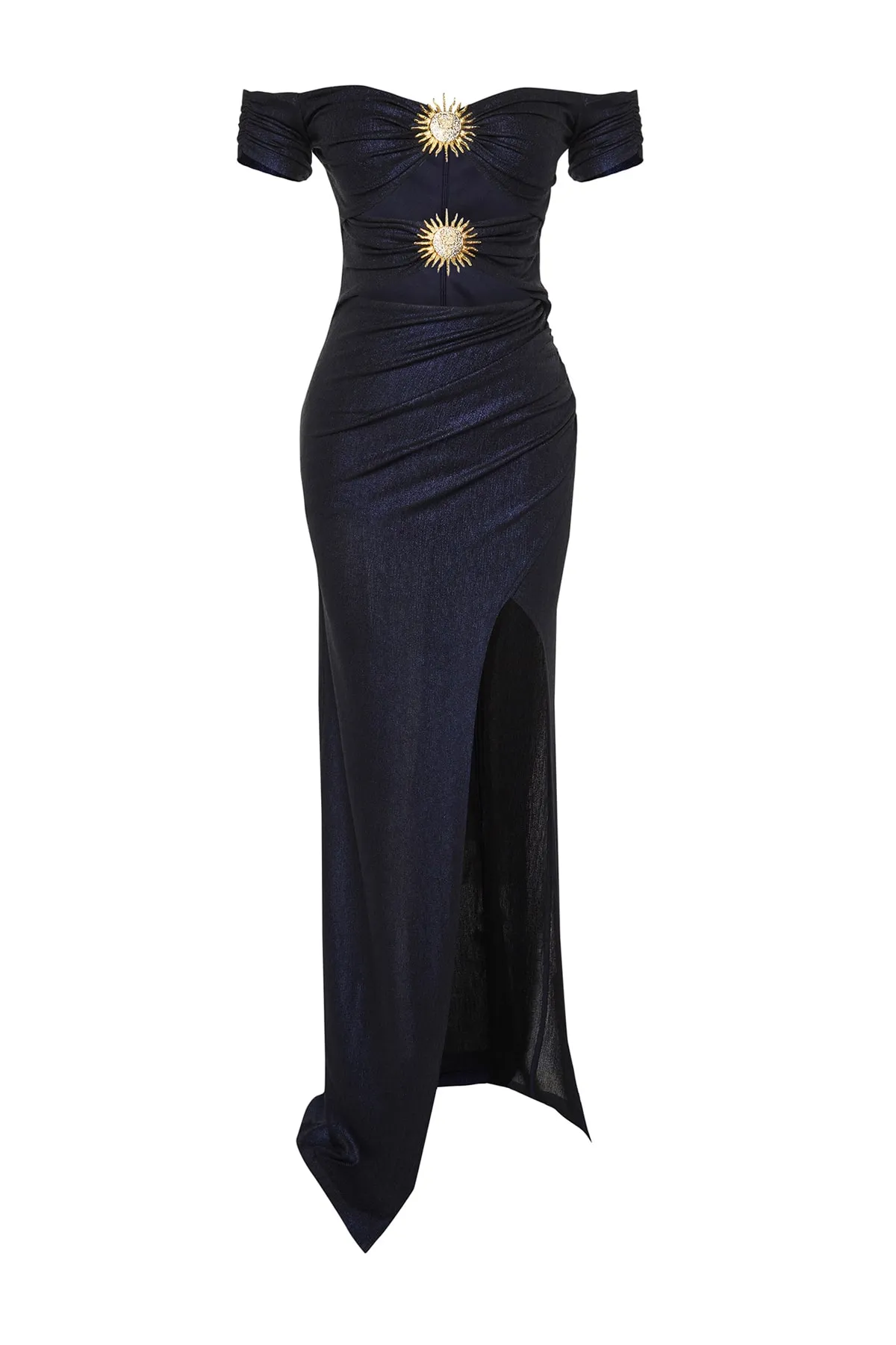 Trendyol Collection  X Zeynep Tosun Marineblaues Abend- und Abschlusskleid mit Sonnenaccessoires TCLSS23AE00002