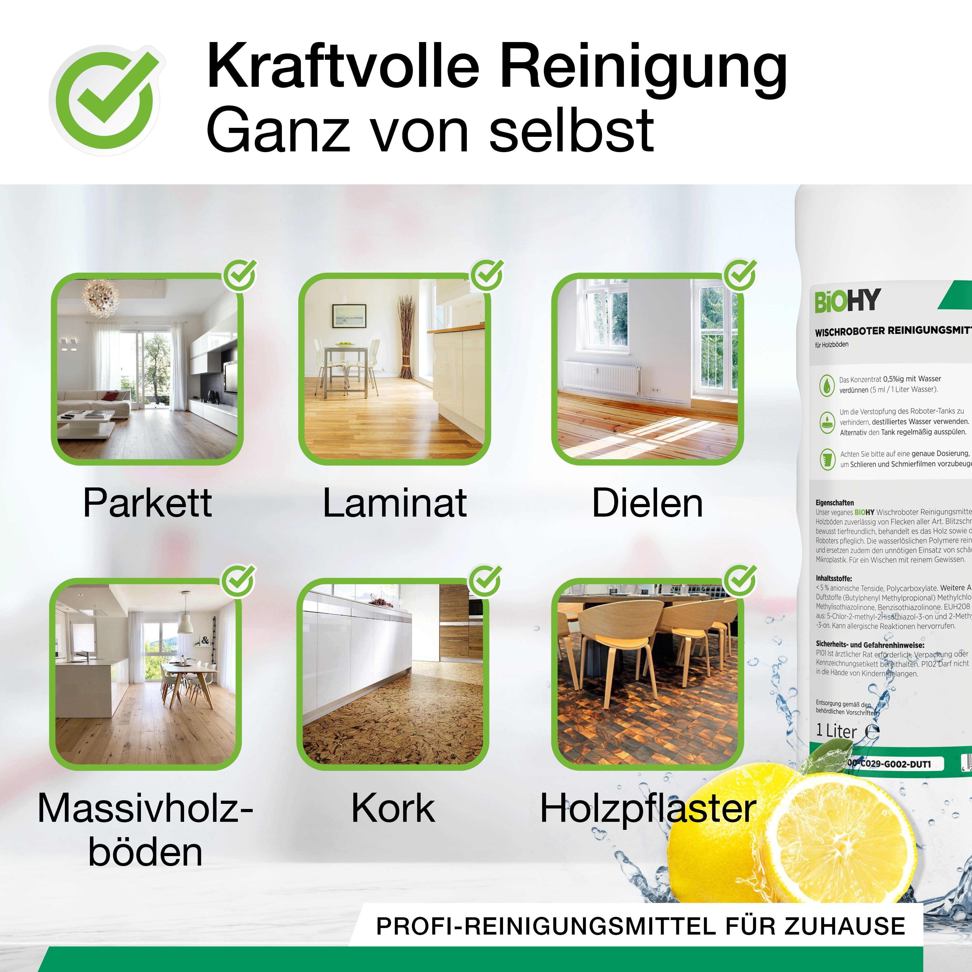 BiOHY Wischroboter Reinigungsmittel für Holzböden 1 x 250 ml Flasche... Vinyl- und Designbodenreiniger (1-St)