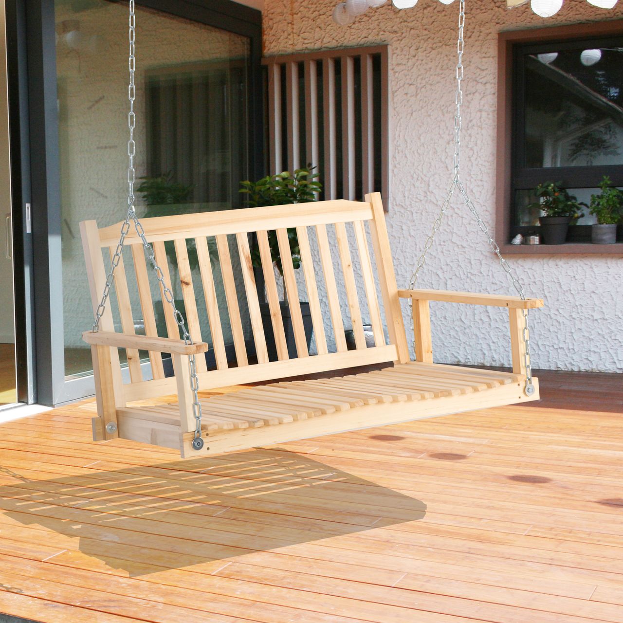 Outsunny Gartenschaukel für 2 Personen Schaukelbank Hängebank Massivholz Patio Terrasse Hinterhof Natur 117 x 69 x 60 cm