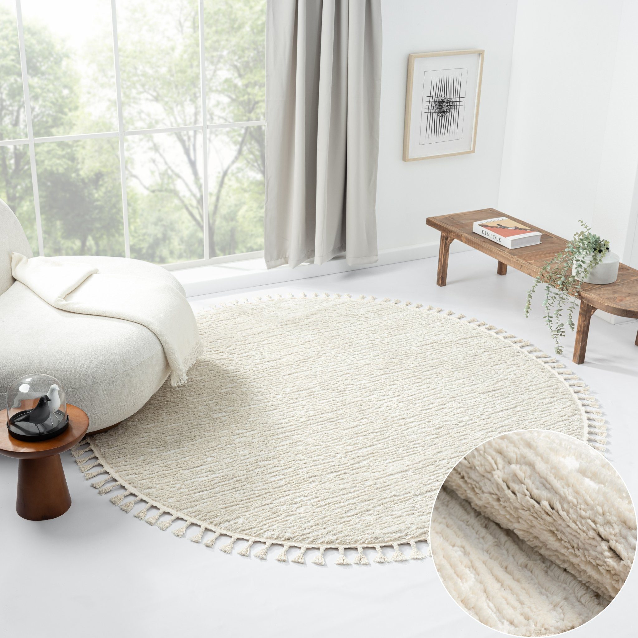 Teppich Liv, Hochflor-Teppich, Wohnando, Rund, Höhe: 20 mm, 3D-Design, im Boho-Stil, Moderner Fransen-Teppich