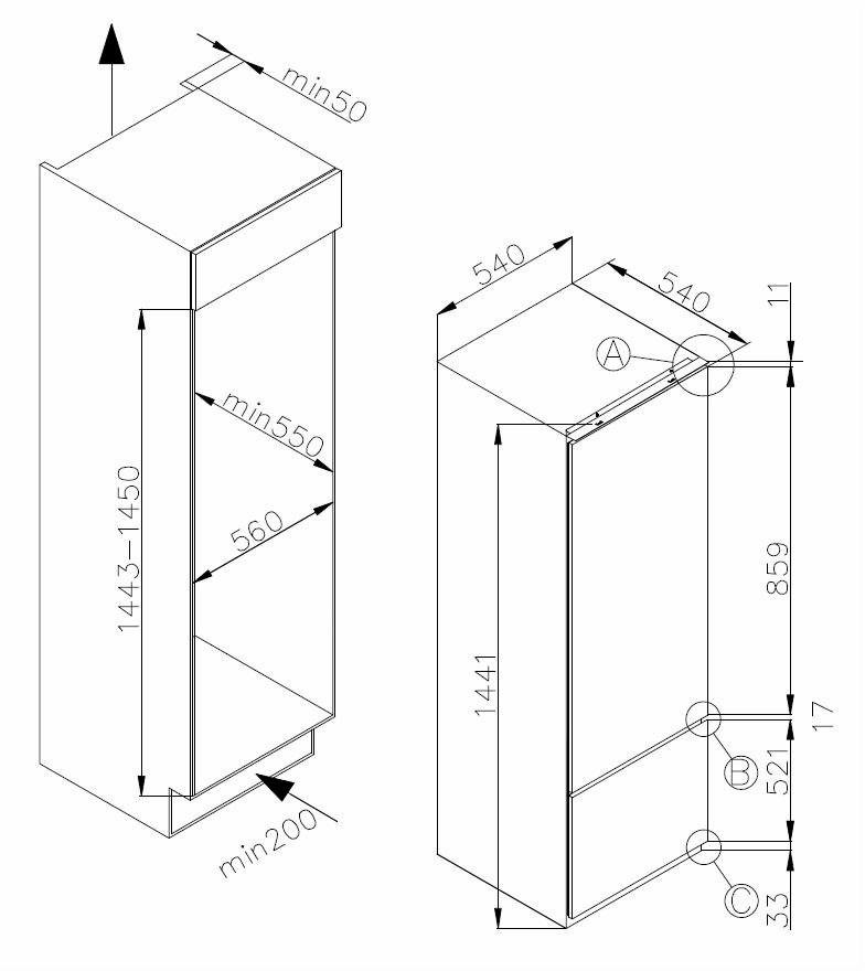 Amica Einbaukühlgefrierkombination EKGC 16155, 144 cm hoch, 54 cm breit, 144 cm hoch