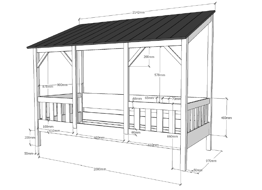 VIPACK Hausbett mit 90 x 200 cm Liegefläche, Dach in Schwarz