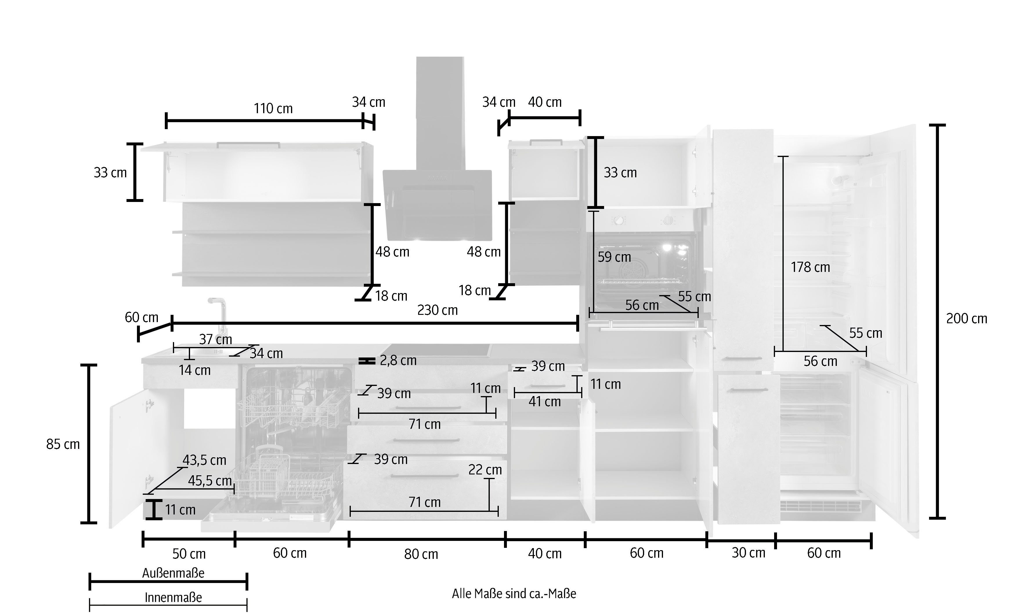HELD MÖBEL Küchenzeile Tulsa, mit E-Geräten, Breite 380 cm, schwarze Metallgriffe, MDF Fronten