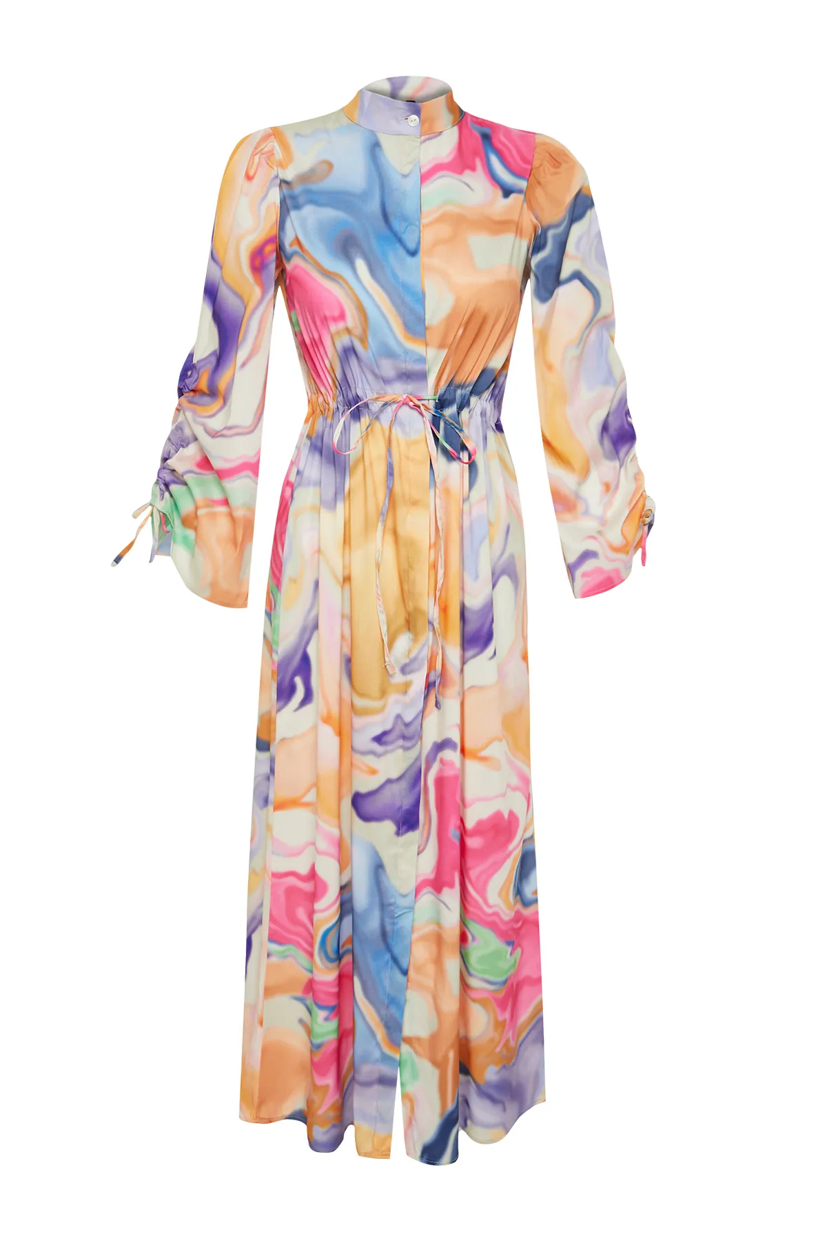 Trendyol Modest  Mehrfarbiges, vergrößerbares Kragen-Kordelzug-Gerafftes, detailliertes abstraktes Webkleid TCTSS24EB00103
