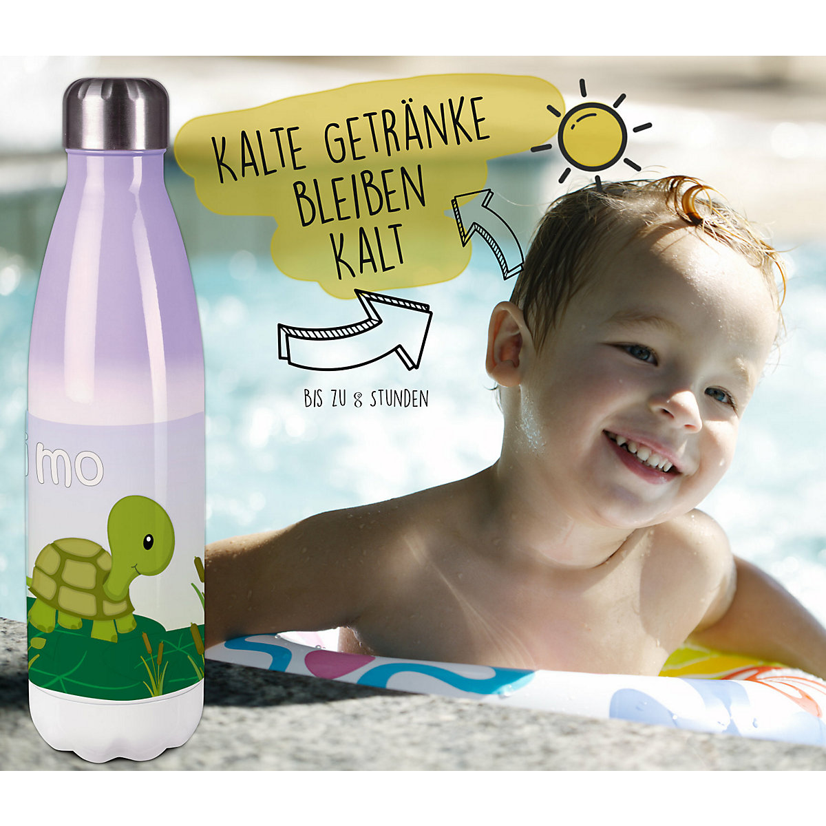 Edelstahl Kinder Thermoflasche / Trinkflasche bunt Schildkröte Spülmaschinenfest, Auslaufsicher, Bruchfest, Doppelwandig, Für Heißgetränke geeignet, Mit Deckel, Isoliert