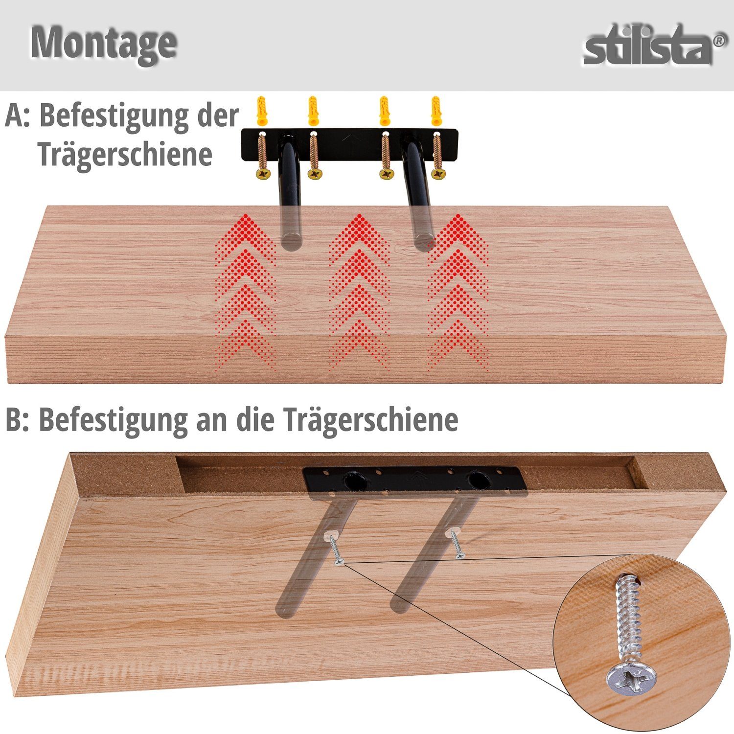 STILISTA Wandregal Wandboard Schweberegal Küchenregal Bücherregal, Regal, Volato, Länge 30 - 110 cm, 14 Farbvarianten, Stärke 3,8 cm