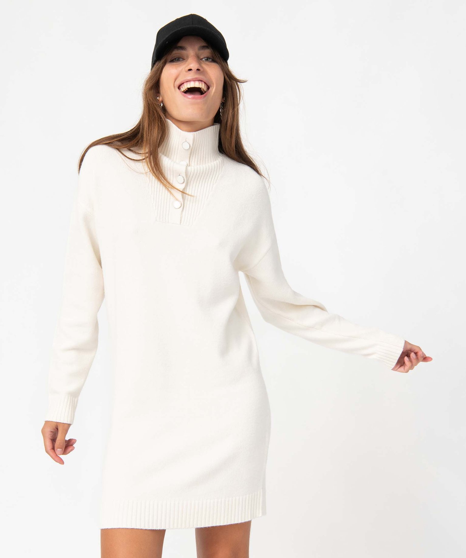 Robe pull femme avec col montant boutonné ecru | GEMO