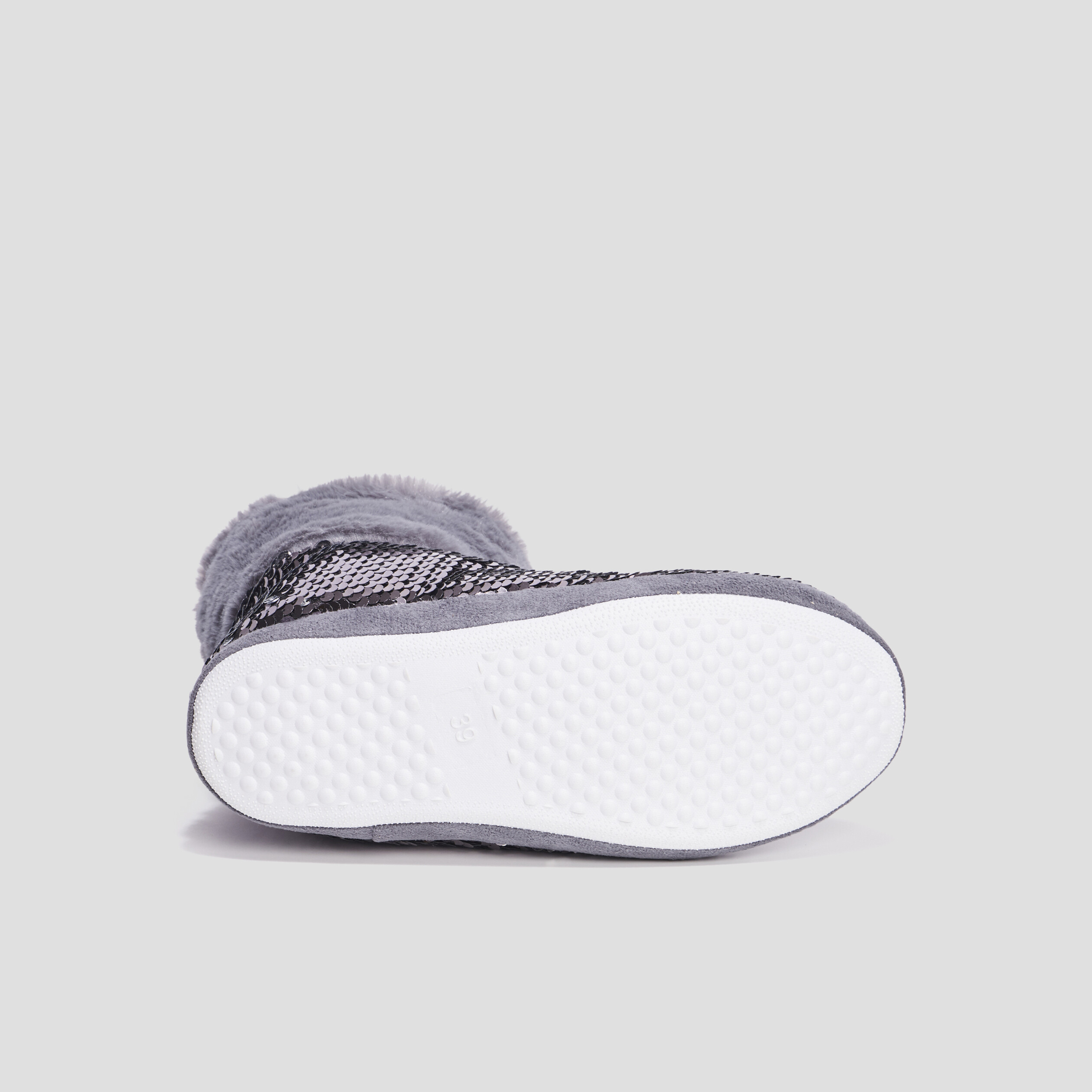 Chaussons bottines sequins et fourrure gris femme | La Halle