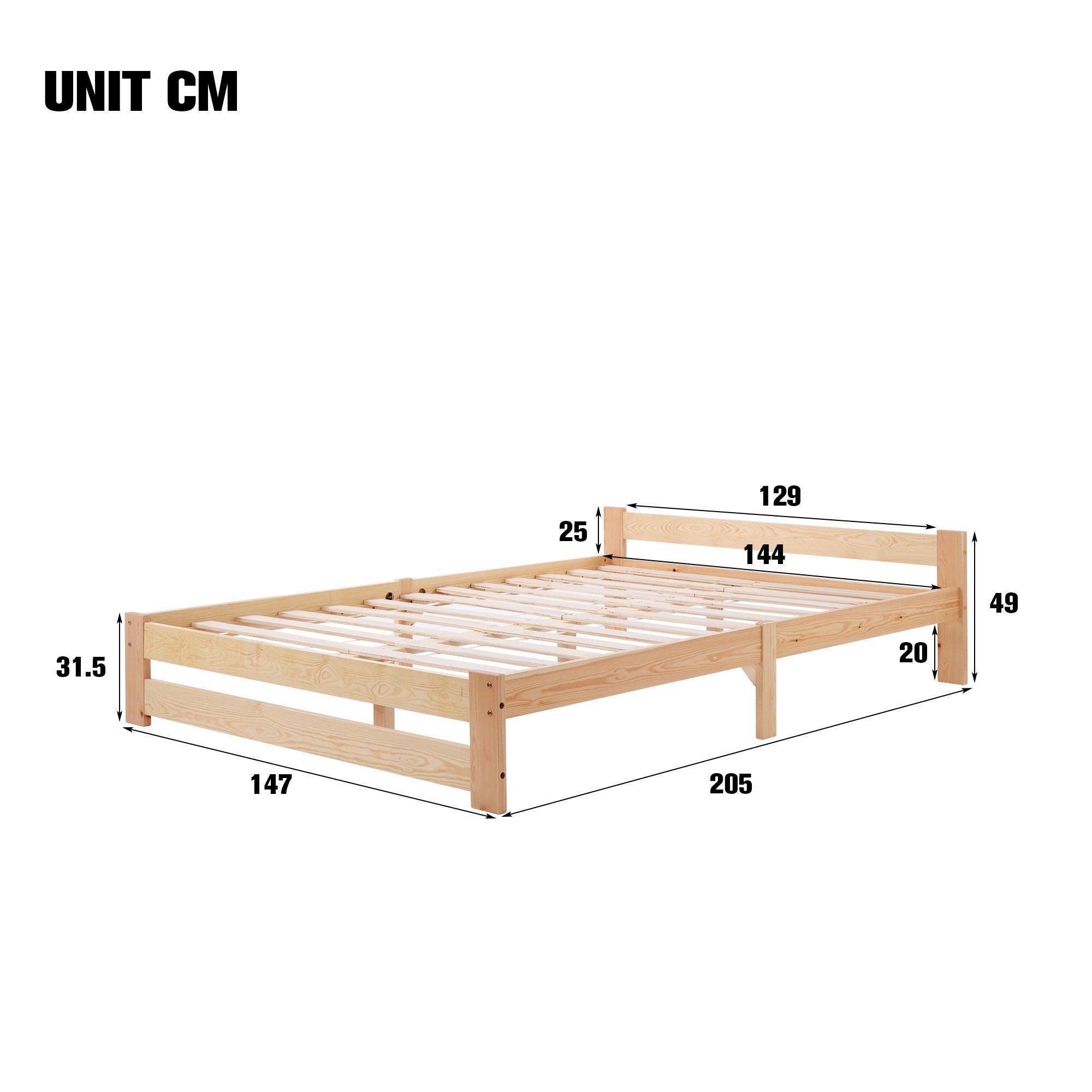 Ulife Massivholzbett Beige Doppelbett 140x200cm mit Kopfteil und Lattenrost, Schlafzimmer, Holzbett