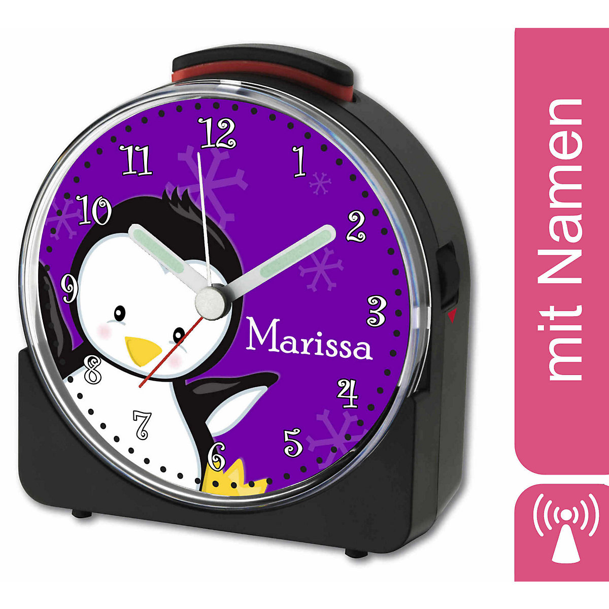 Kinder Funkwecker weiß personalisiert mit Namen Pinguin