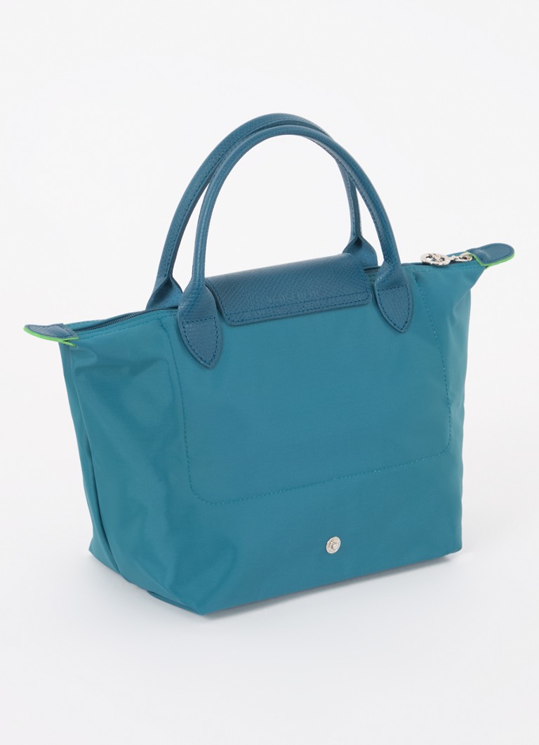 Geantă verde Longchamp Le Pliage, mărimea S, cu detalii din piele.