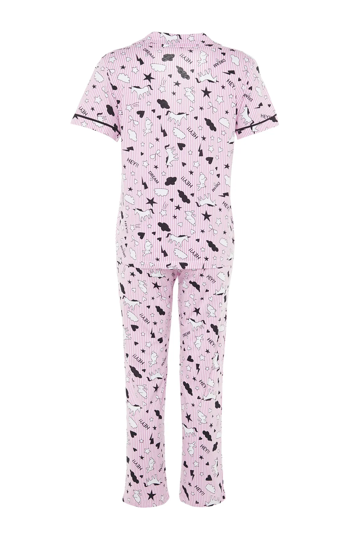 Trendyol Collection  Hellrosa Strick-Pyjama-Set aus 100 % Baumwolle mit Paspeln und grafischem Muster aus Hemd und Hose THMSS19IP0037