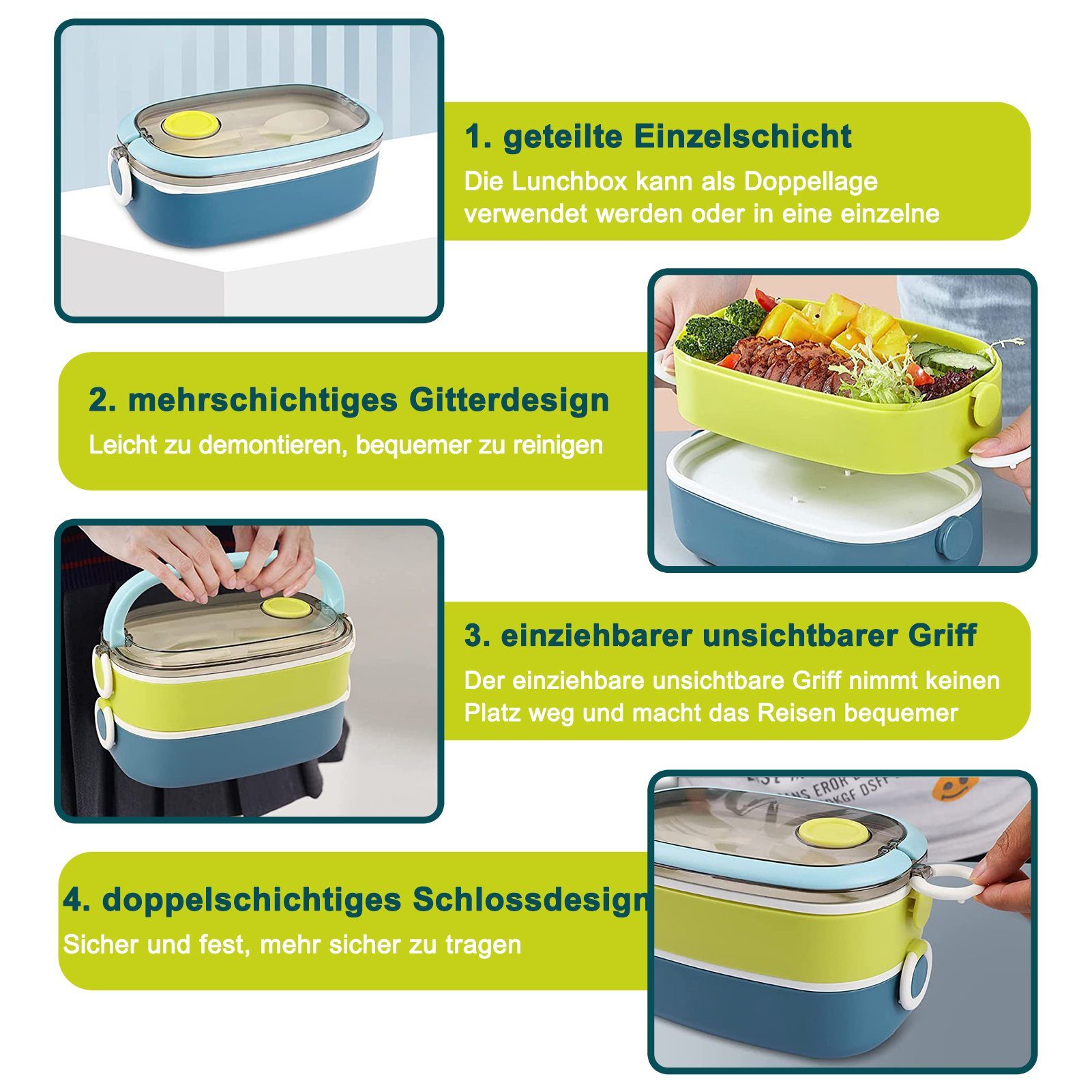 MDHAND Lunchbox 1600ML Lunchbox mit Löffel und Gabel für Kinder/Erwachsene, (1-tlg), Blau Grün