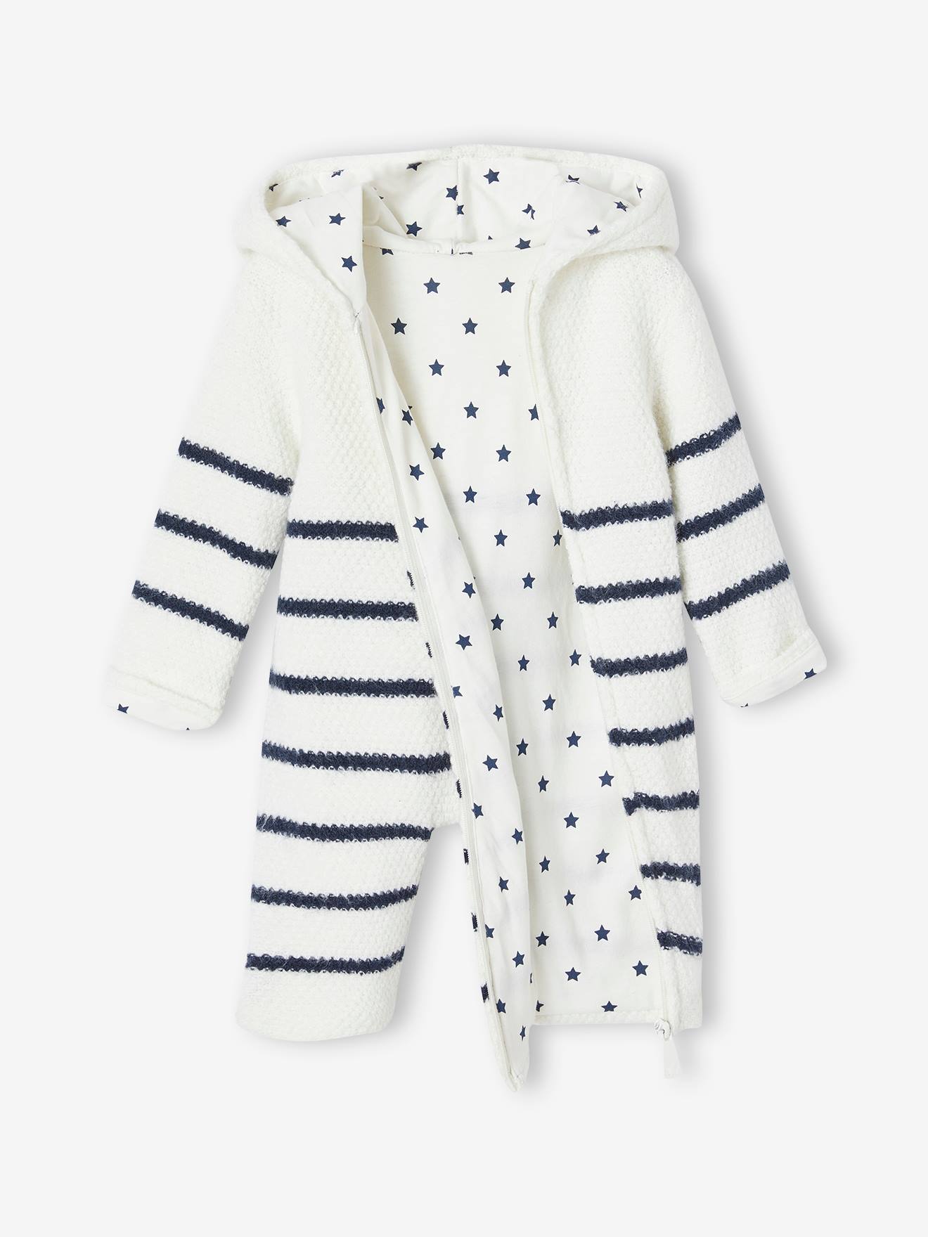 Vertbaudet Gefütterter Strickoverall für Neugeborene - wollweiß streifen+sterne