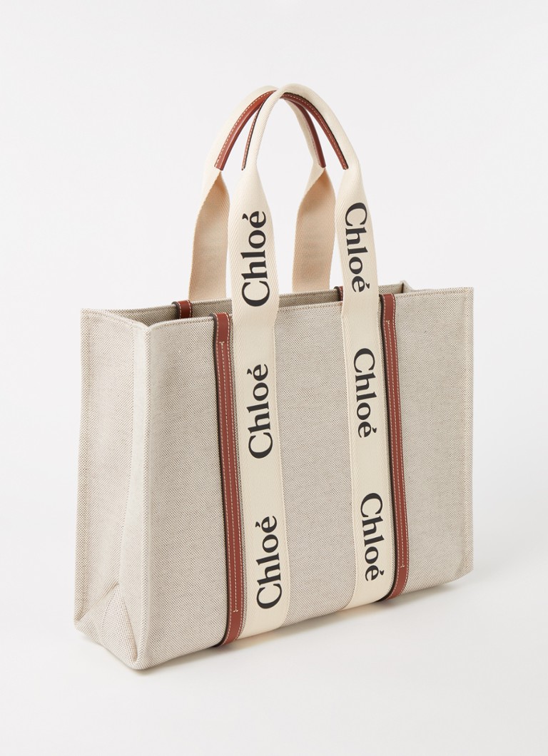Borsa tote grande Chloé Woody in tela con dettagli in pelle di vitello