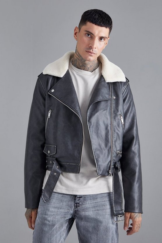 Kastige PU-Bikerjacke mit Borg-Kragen