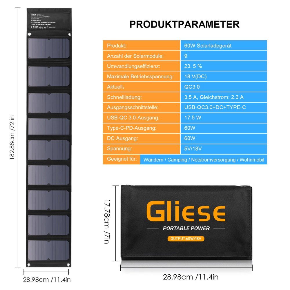 GLIESE Solarmodul 60W Faltbares Solarpanel Solarladegerät Solarmodul für Iphone laptop, Monokristallin