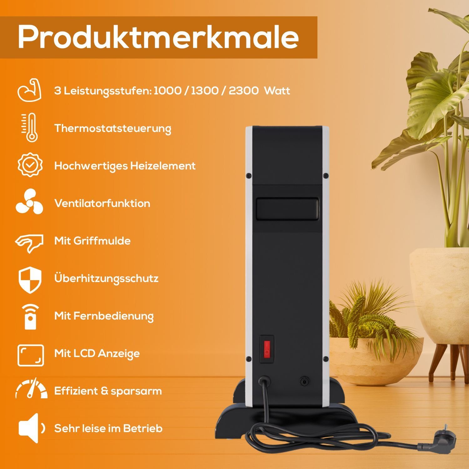 TroniTechnik Konvektor Elektroheizer KH102 Konvektor Heizgerät Heizkörper, 3 Stufen 2300 Watt, 2300 W, mit Griffmulde, Timer und Thermostatsteuerung, Überhitzungsschutz