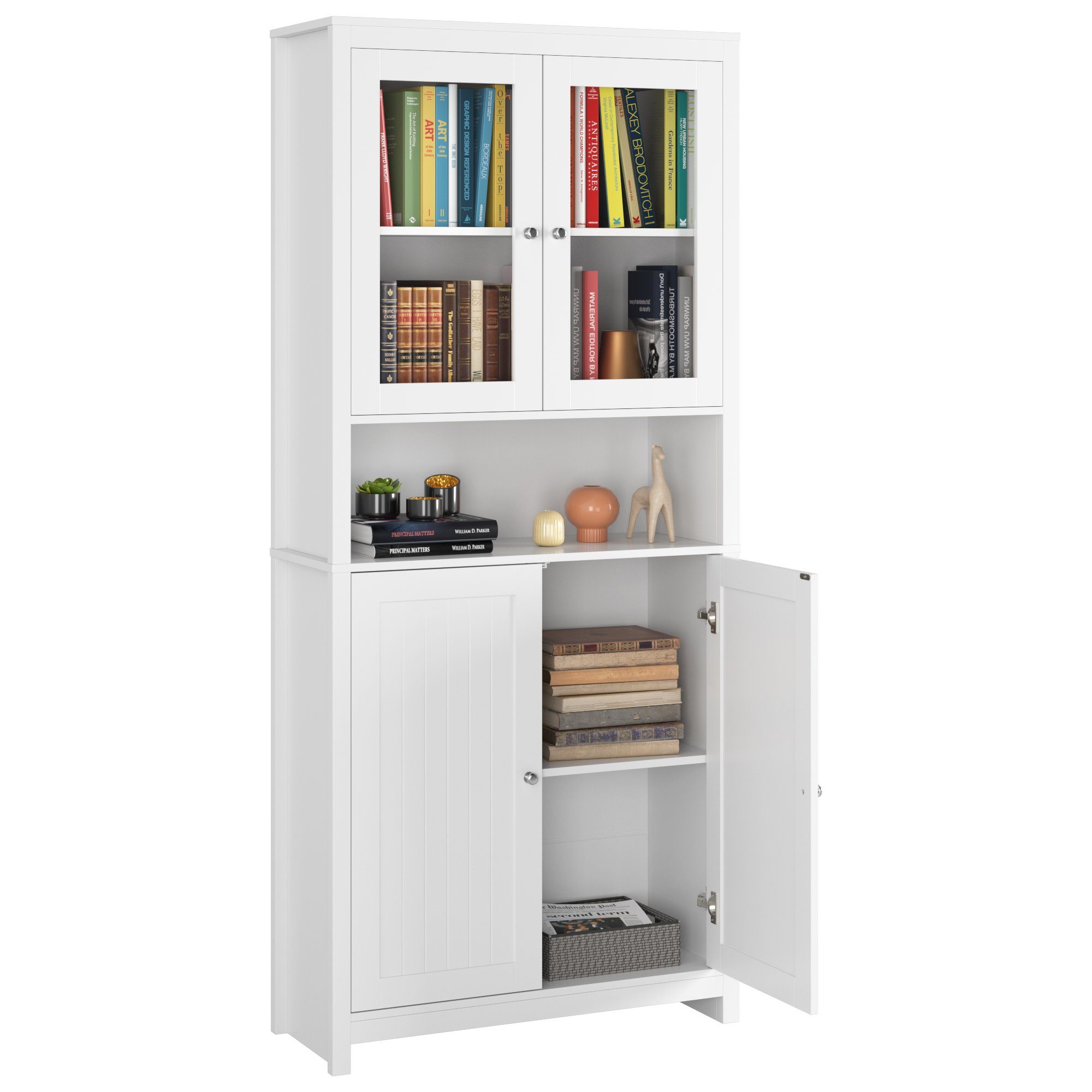 Homfa Hochschrank 190cm Vitrinenschrank, Bücherschrank mit 4 Türen, Buffet, Weiß