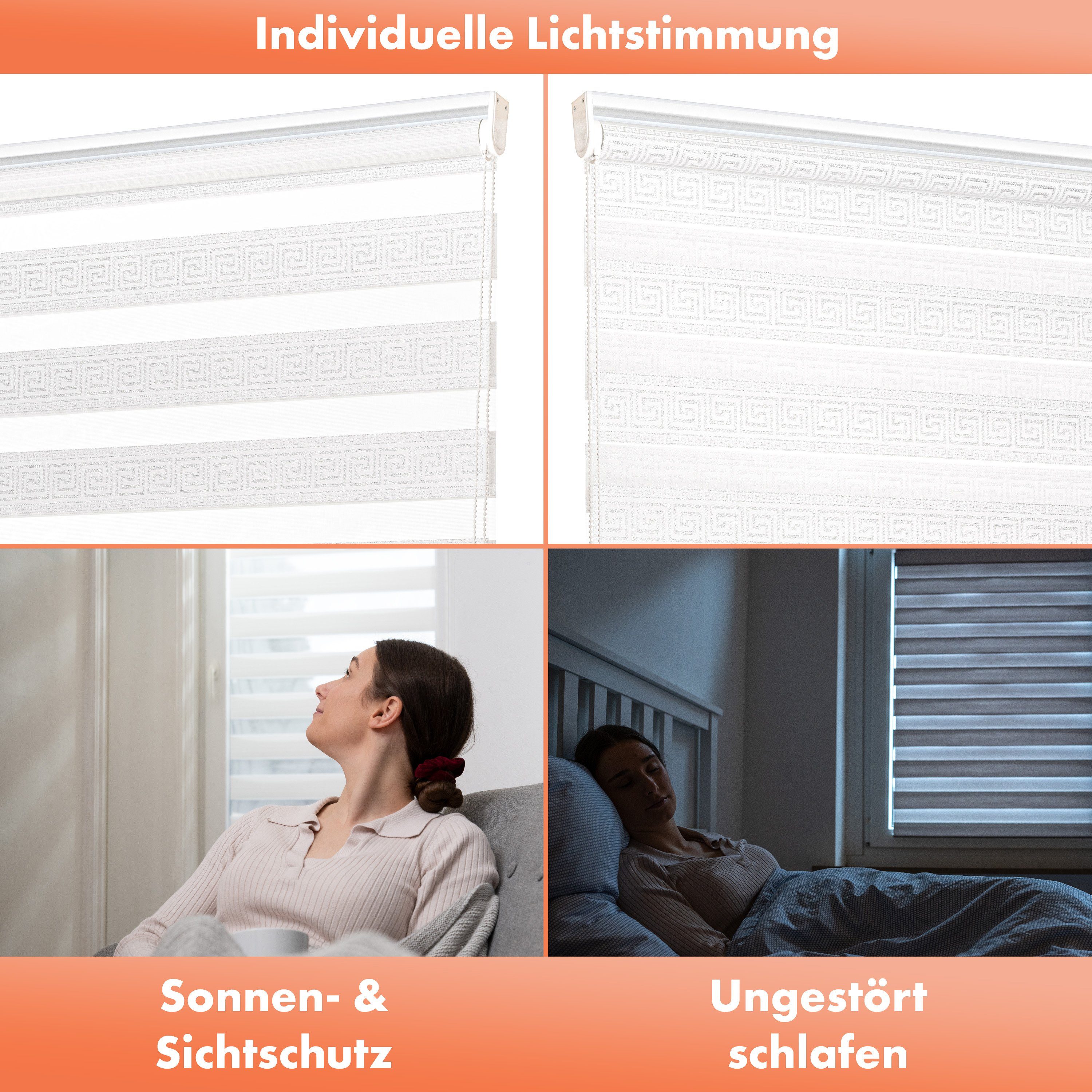 Doppelrollo mit Perlen, Mäander Ornamente Design, Bailena, Lichtschutz, ohne Bohren, freihängend, Klemmfix, glitzernd, Gardine mit Volant-Bordüre