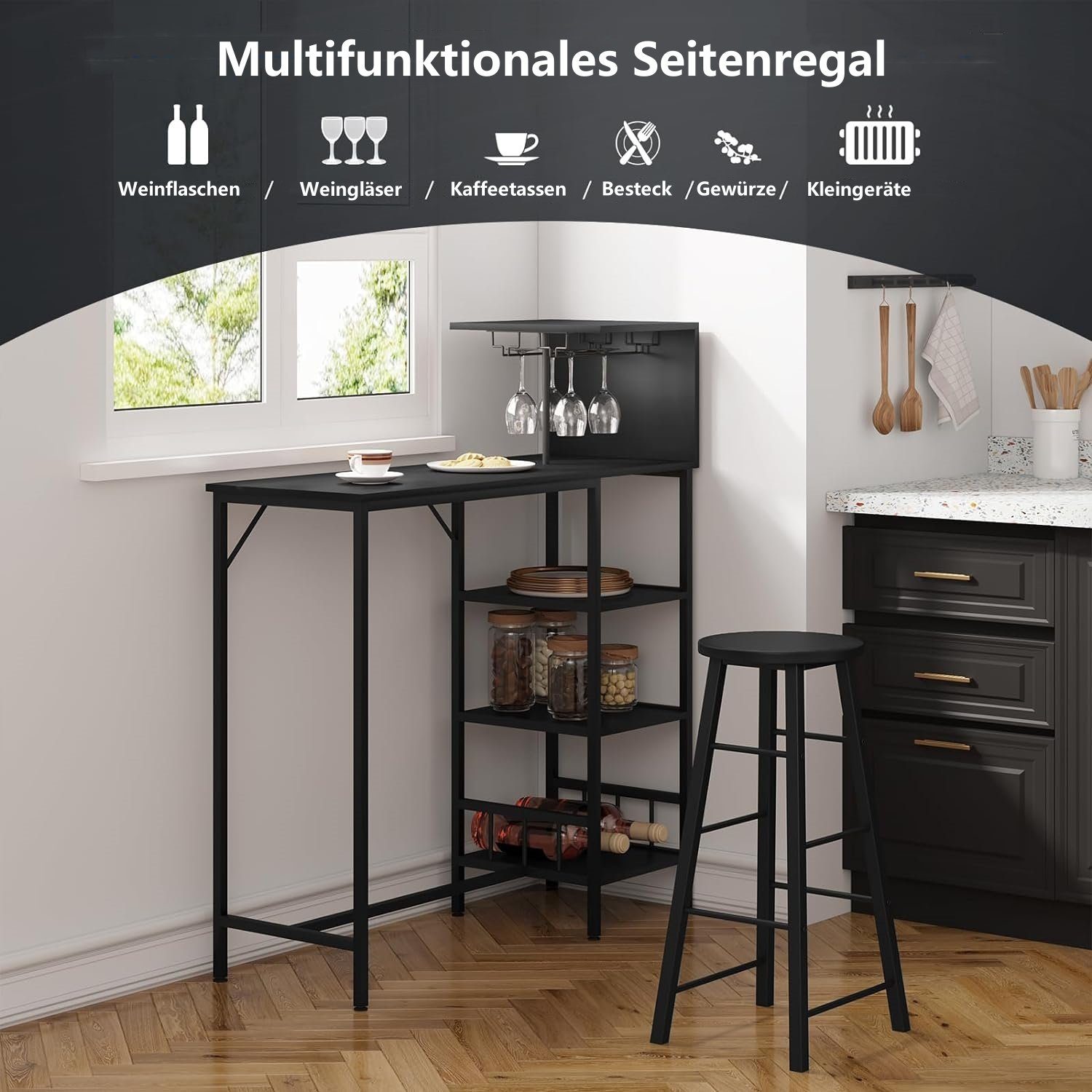 Woltu Bartisch (1-St), Stehtisch mit Weinregal Glashalter, 4 Ablage