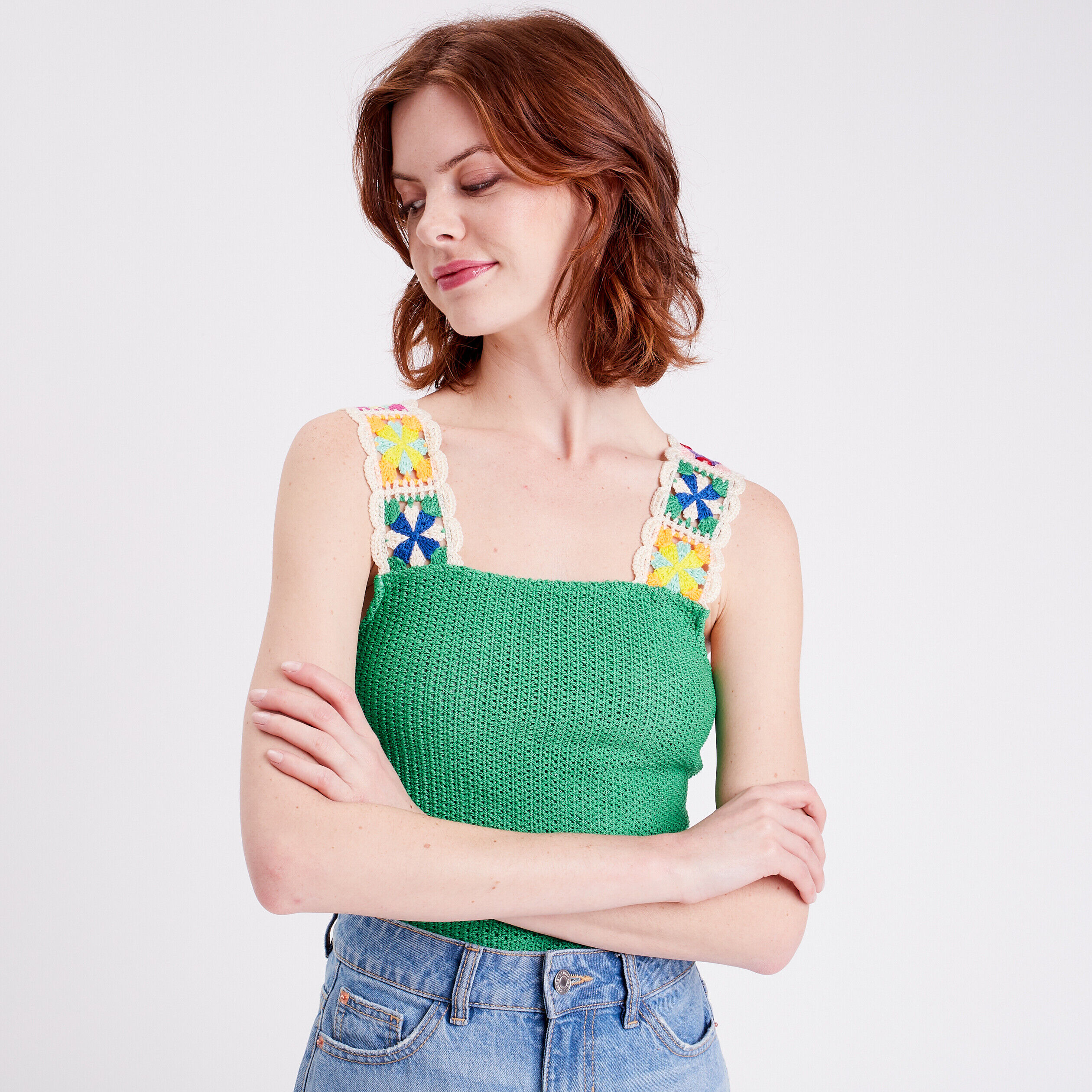 Débardeur bretelles en crochet vert femme | Cache Cache