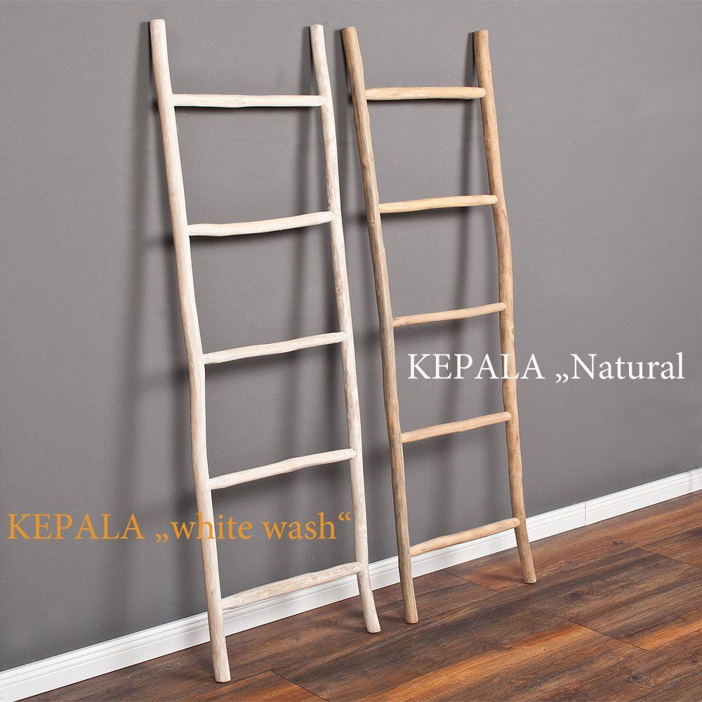 LebensWohnArt Dekoleiter Deko-Leiter KEPALA H150cm White-Wash Teak Handtuchhalter Kleiderständer