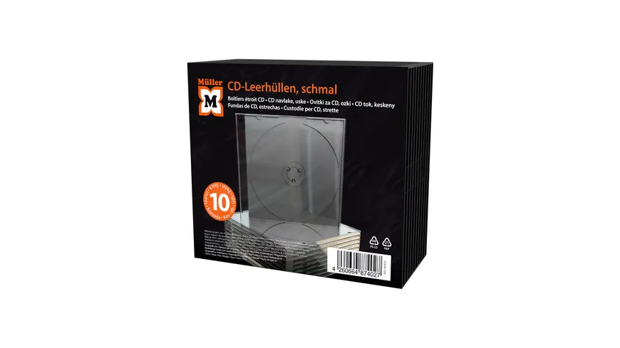 Müller CD-Leerhülle, schmal, für 1 Disc, 5.2mm, schwarzes Tray, 10er Pack