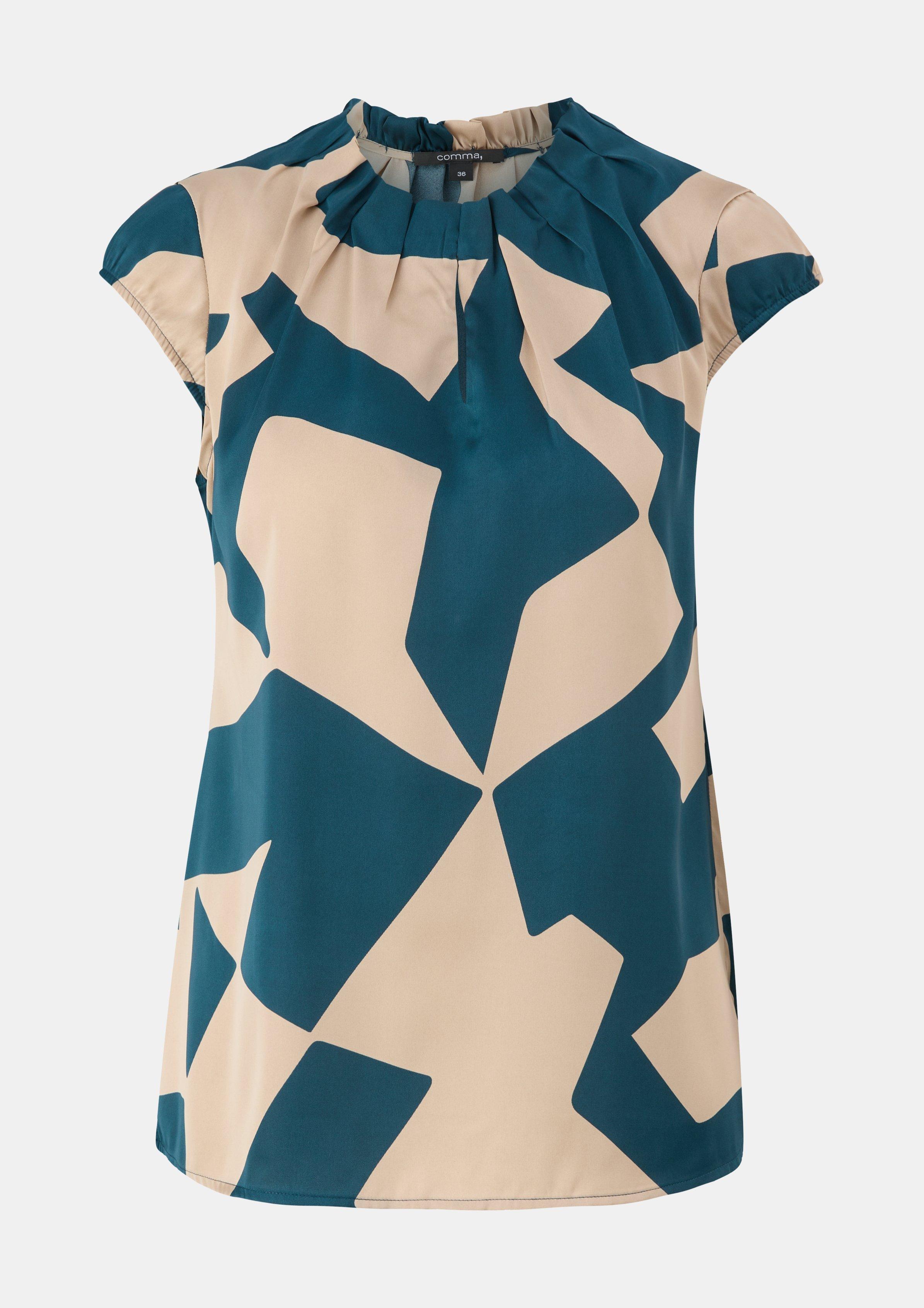 Satinbluse im All-over-Print - dunkles türkis