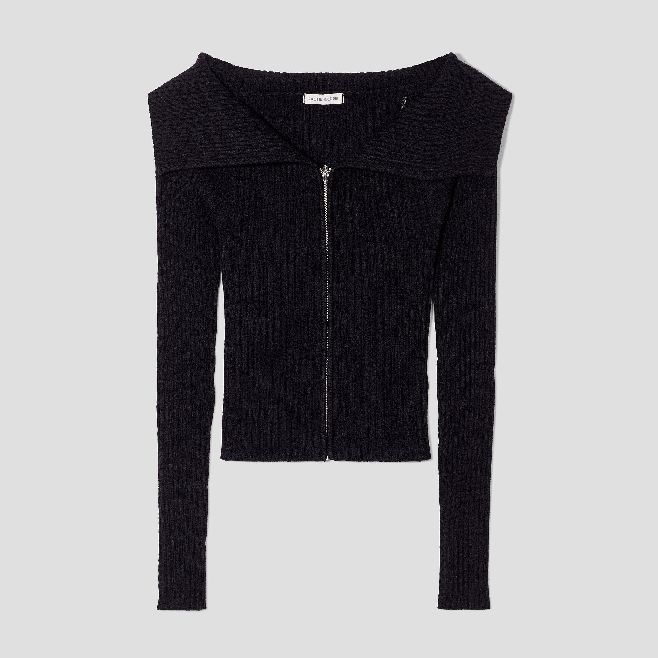 Gilet côtelé col bardot noir femme | Cache Cache