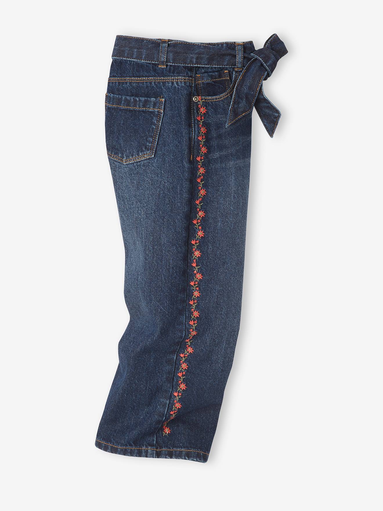 Jean large brodé fleurs fille brut