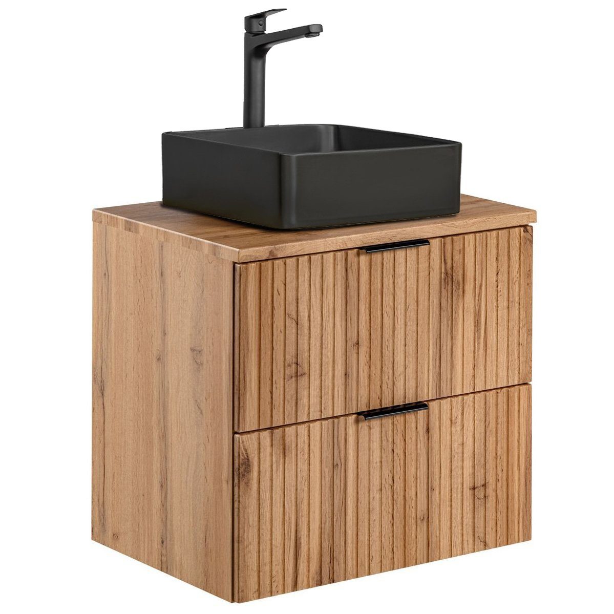 Lomadox Badmöbel-Set ADELAIDE-56, (4-St), Eiche Rillenoptik Spiegel Waschbeckenschrank Waschbecken Hochschränke