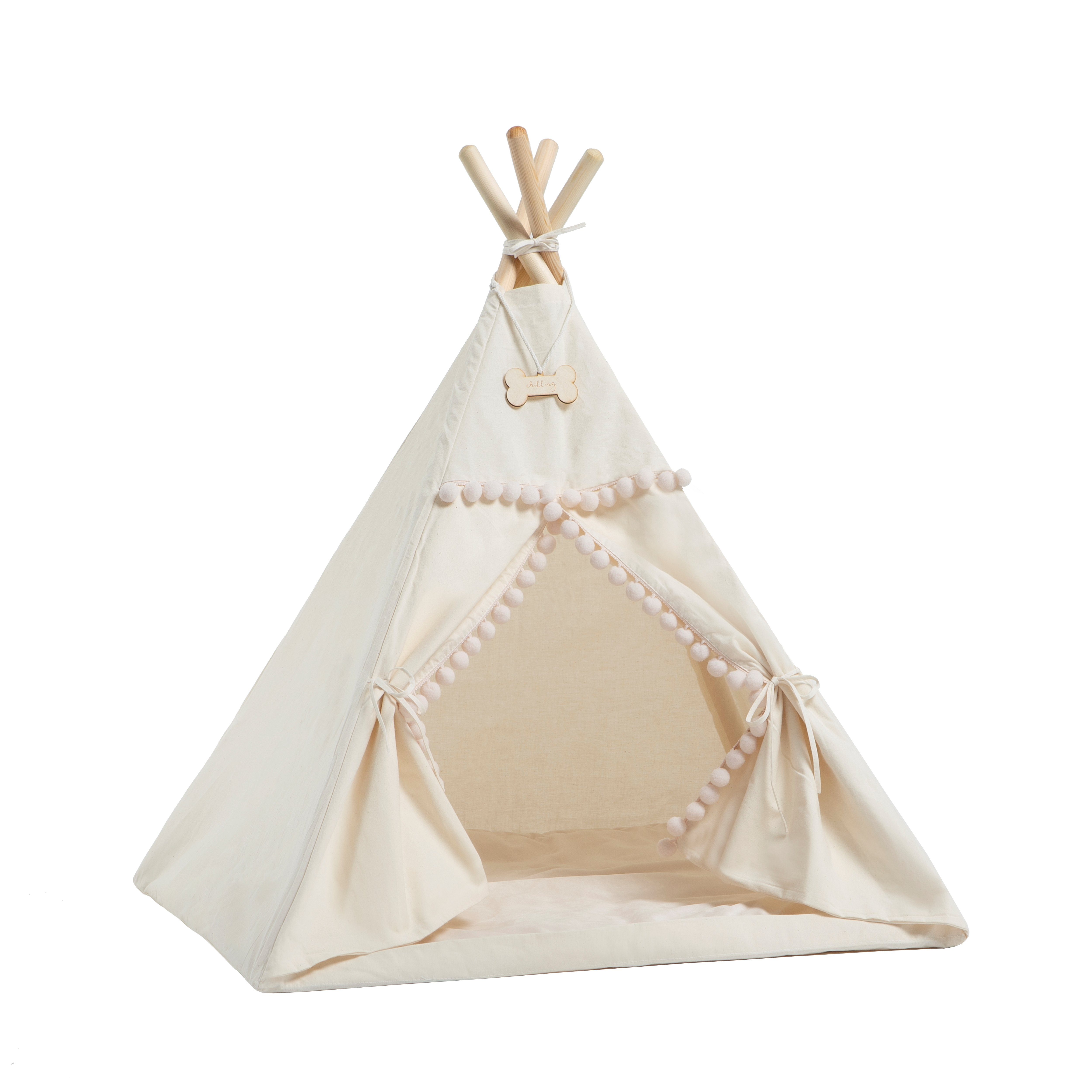 Rainbow Kids Tipi-Zelt Tipi für Hunde und Katzen / Haustierzelt Beiger Pompon, (2 tlg), vier Holzstangen zu je 110 cm Länge